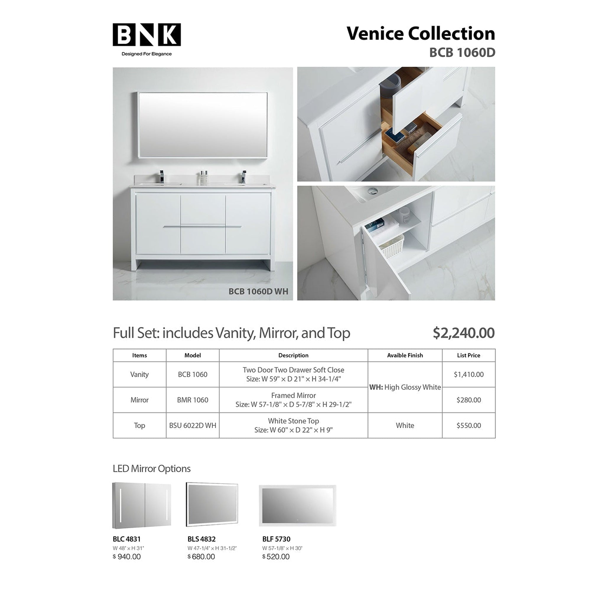 US Bath Store, BNK BCB1060D Venice High Glossy White Vanity Only Two Door One Drawer Soft Close