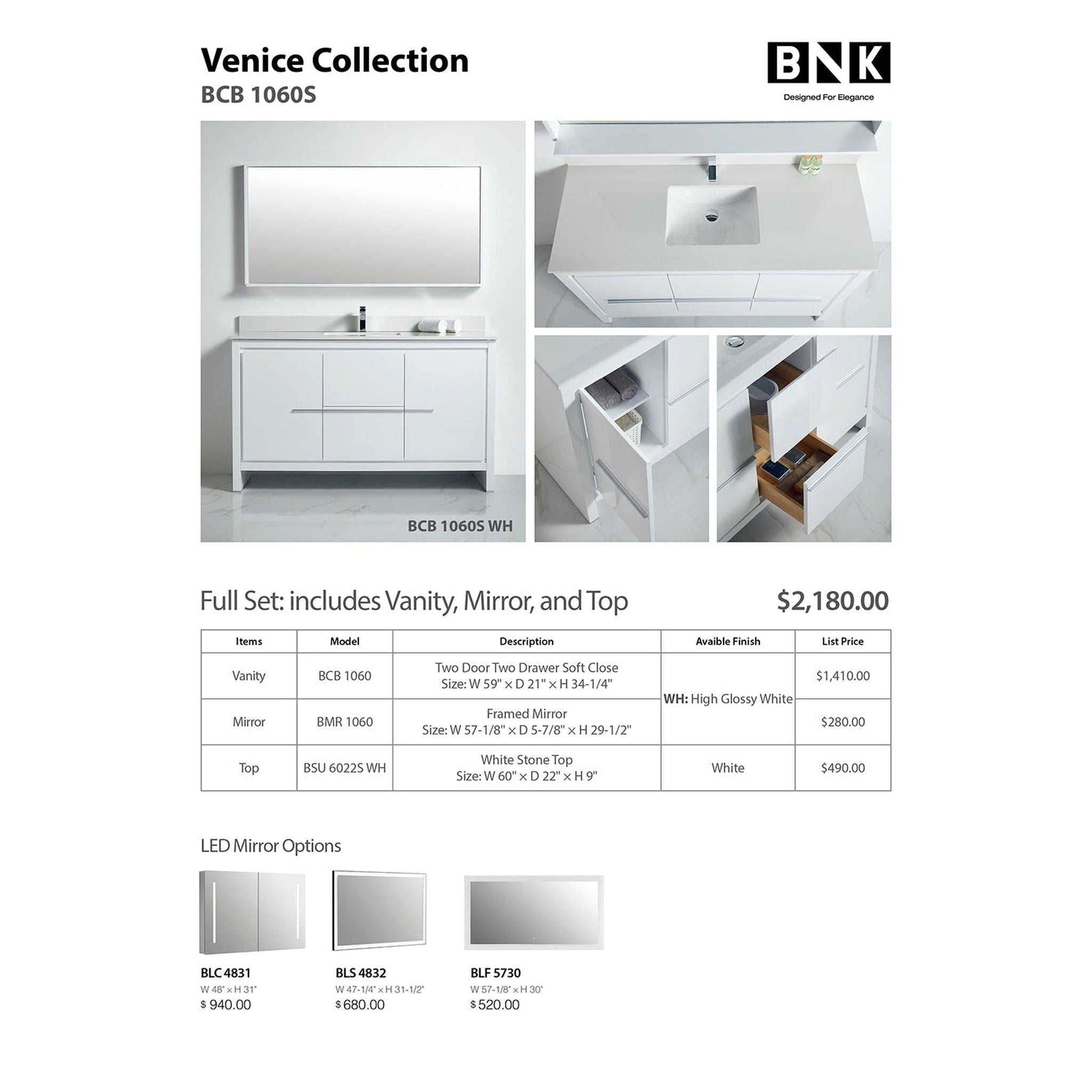 US Bath Store, BNK BCB1060S Venice High Glossy White Vanity Only Two Door One Drawer Soft Close