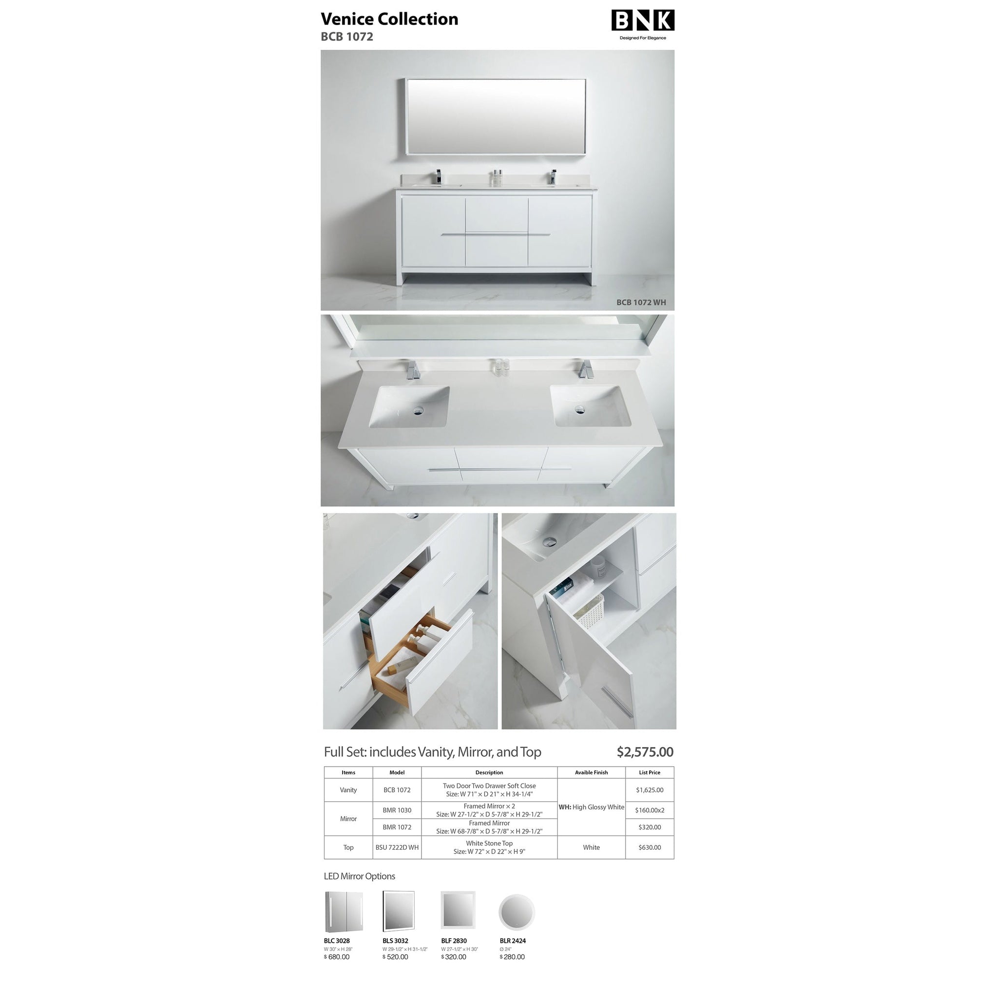 US Bath Store, BNK BCB1072 Venice High Glossy White Vanity Only Two Door One Drawer Soft Close