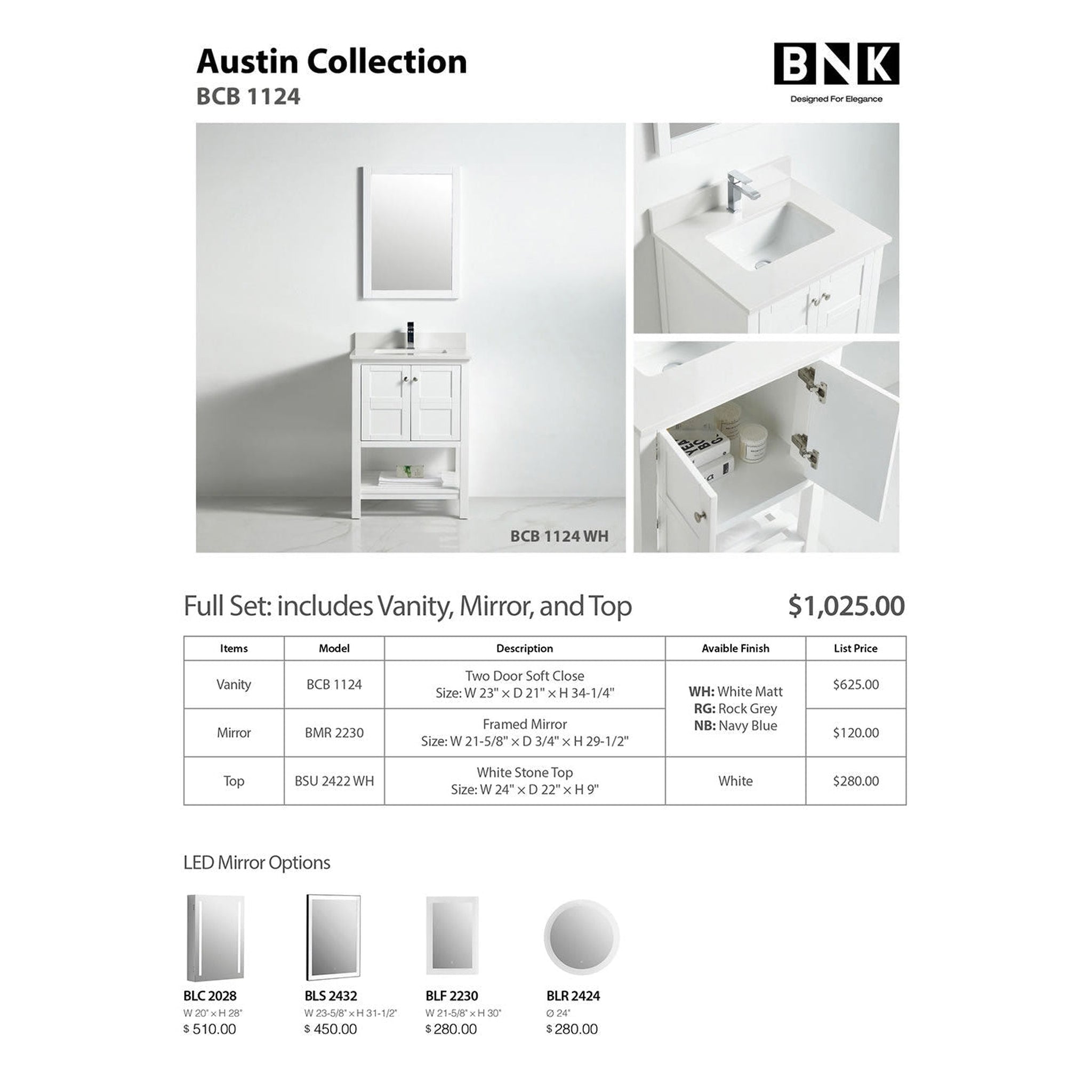 US Bath Store, BNK BCB1124 Austin Matt White Vanity Only Two Door One Drawer Soft Close