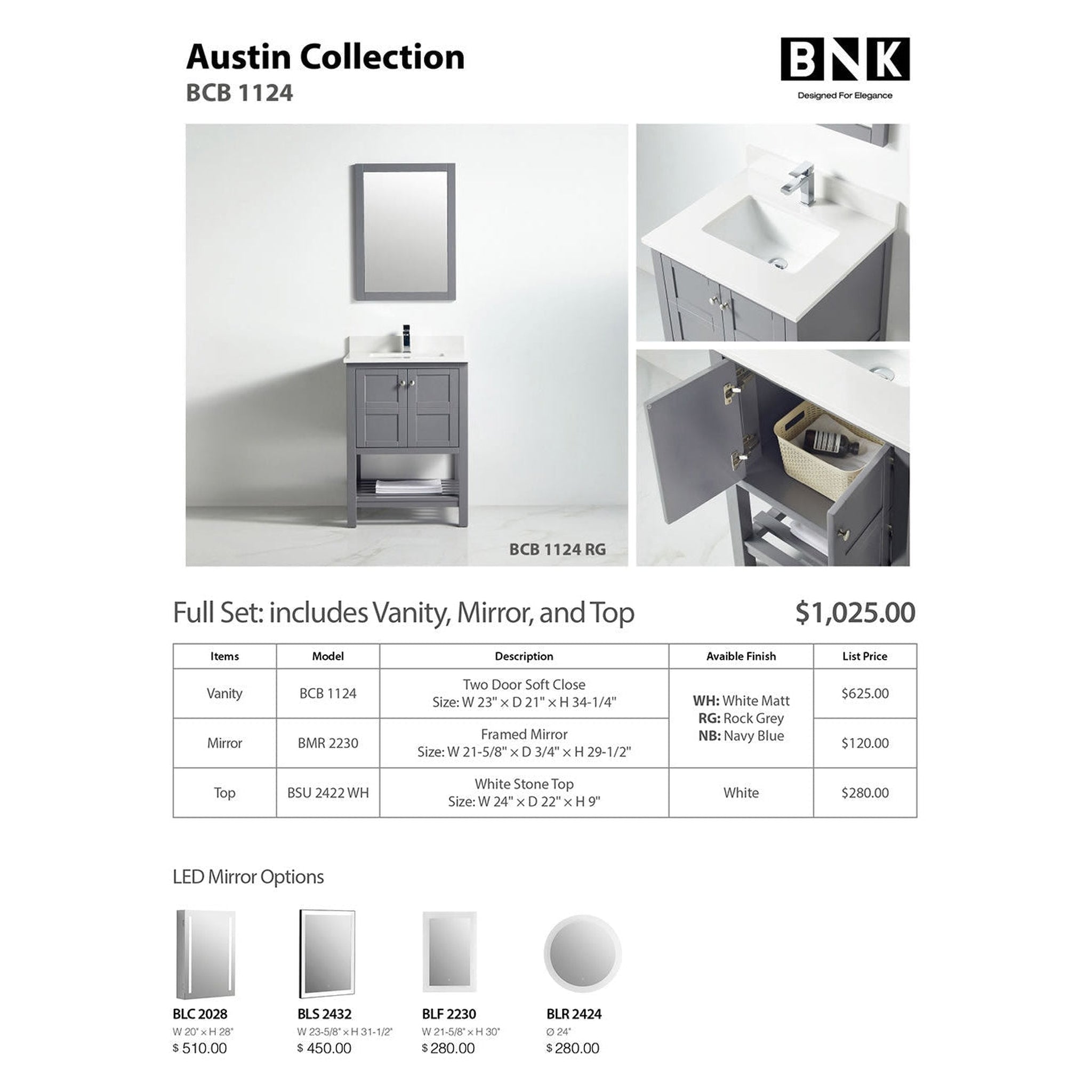 US Bath Store, BNK BCB1124 Austin Rock Grey Vanity Only Two Door One Drawer Soft Close