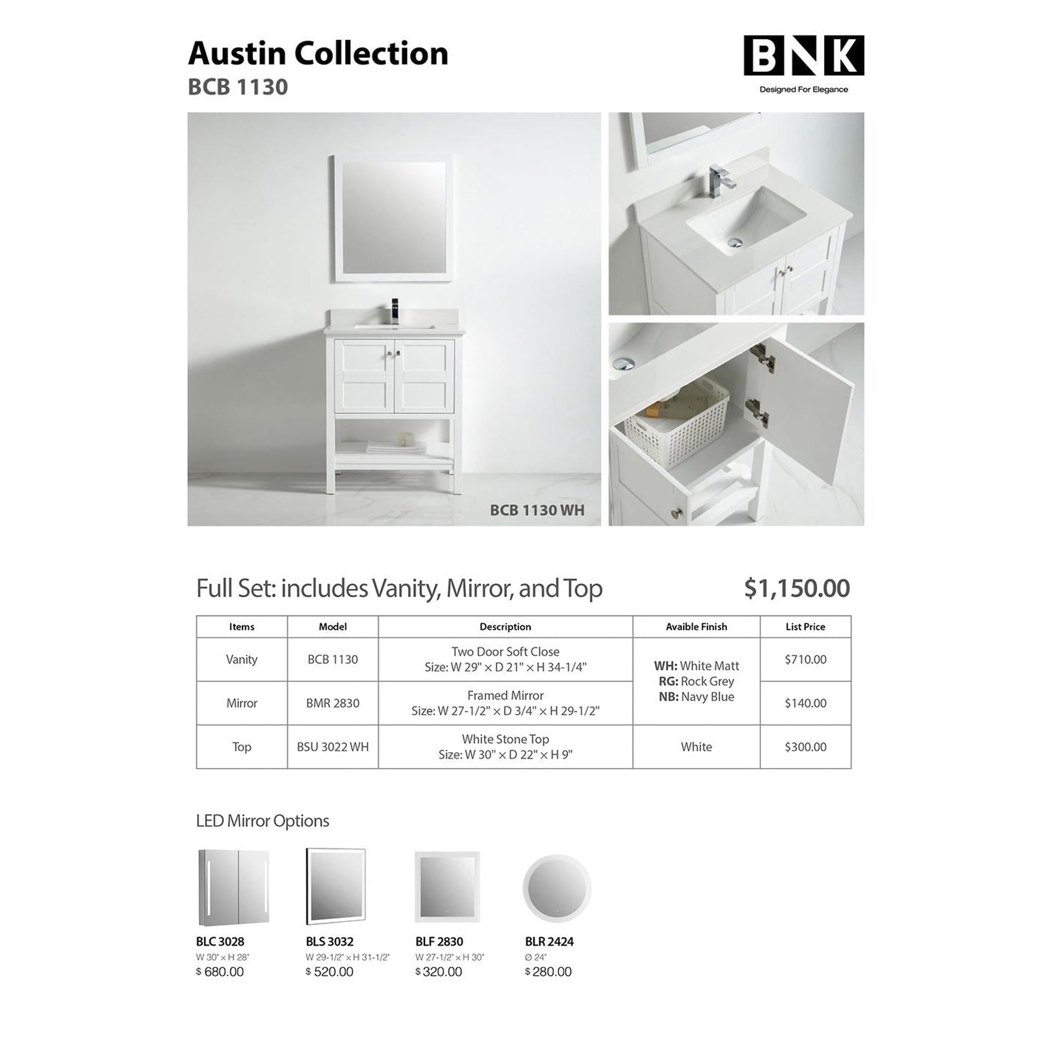 US Bath Store, BNK BCB1130 Austin Matt White Vanity Only Two Door One Drawer Soft Close