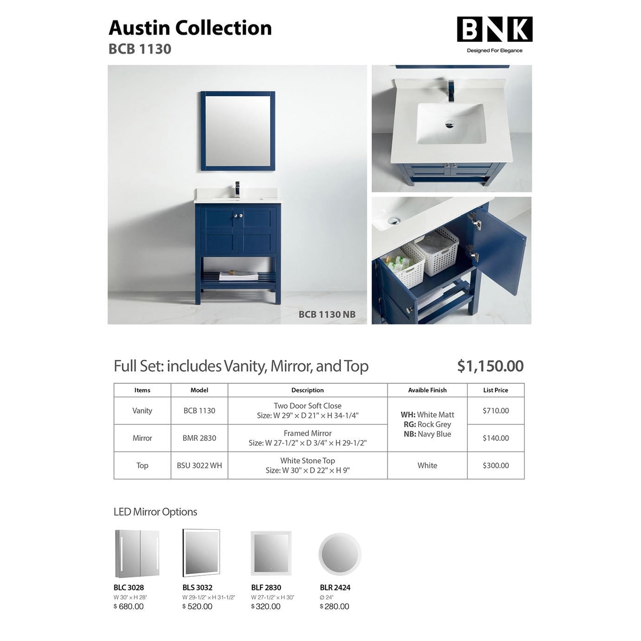 US Bath Store, BNK BCB1130 Austin Navy Blue Vanity Only Two Door One Drawer Soft Close