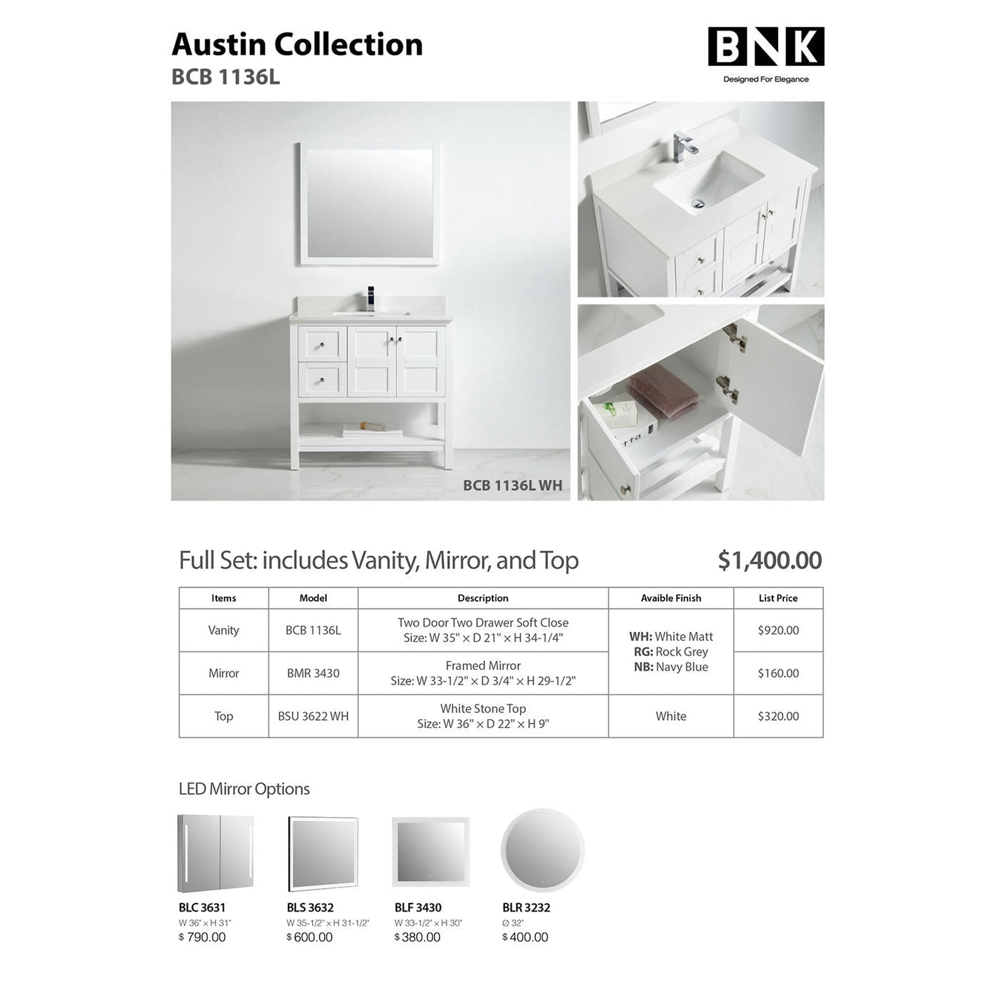 US Bath Store, BNK BCB1136L Austin Matt White Vanity Only Two Door Two Left Drawer Soft Close