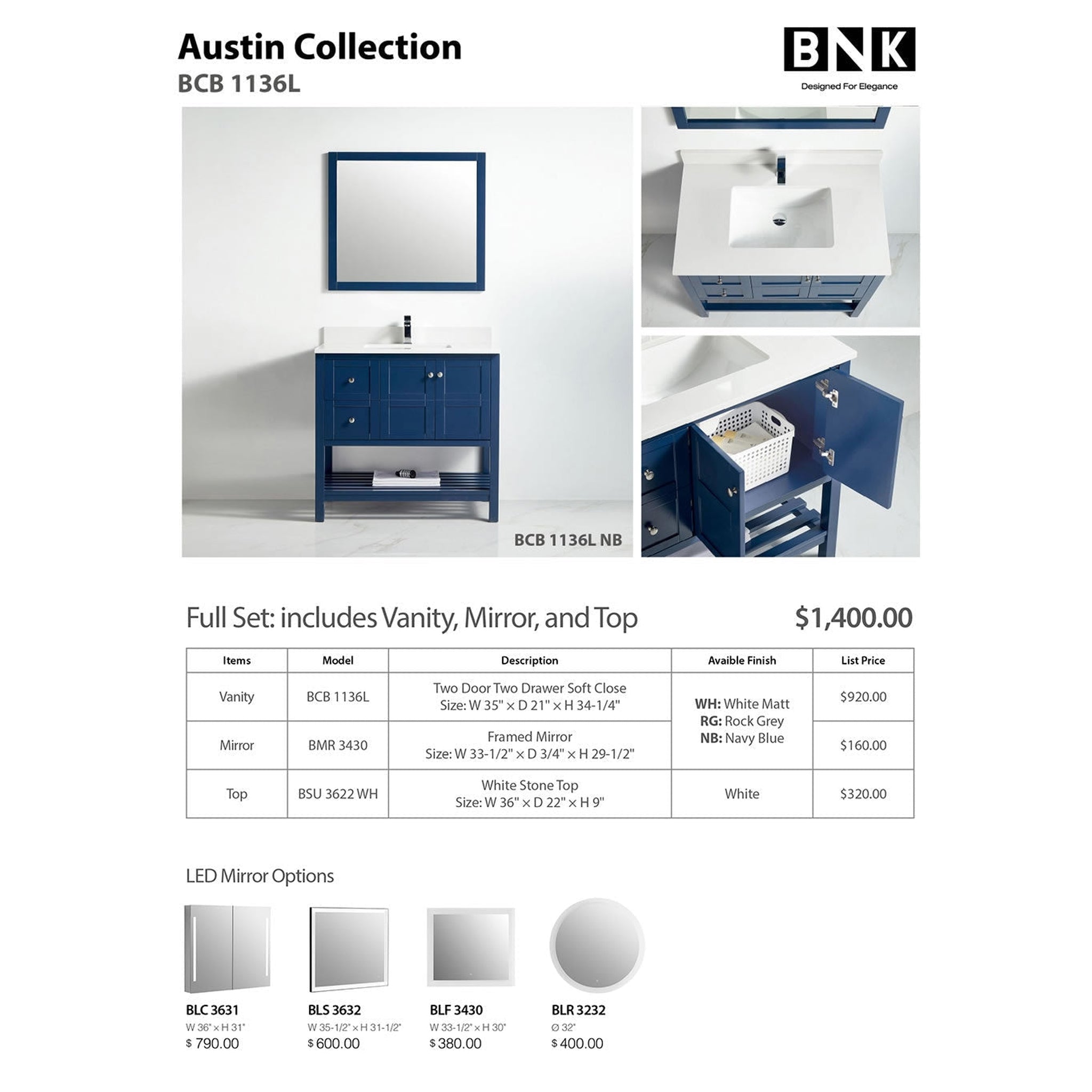 US Bath Store, BNK BCB1136L Austin Navy Blue Vanity Only Two Door Two Left Drawer Soft Close