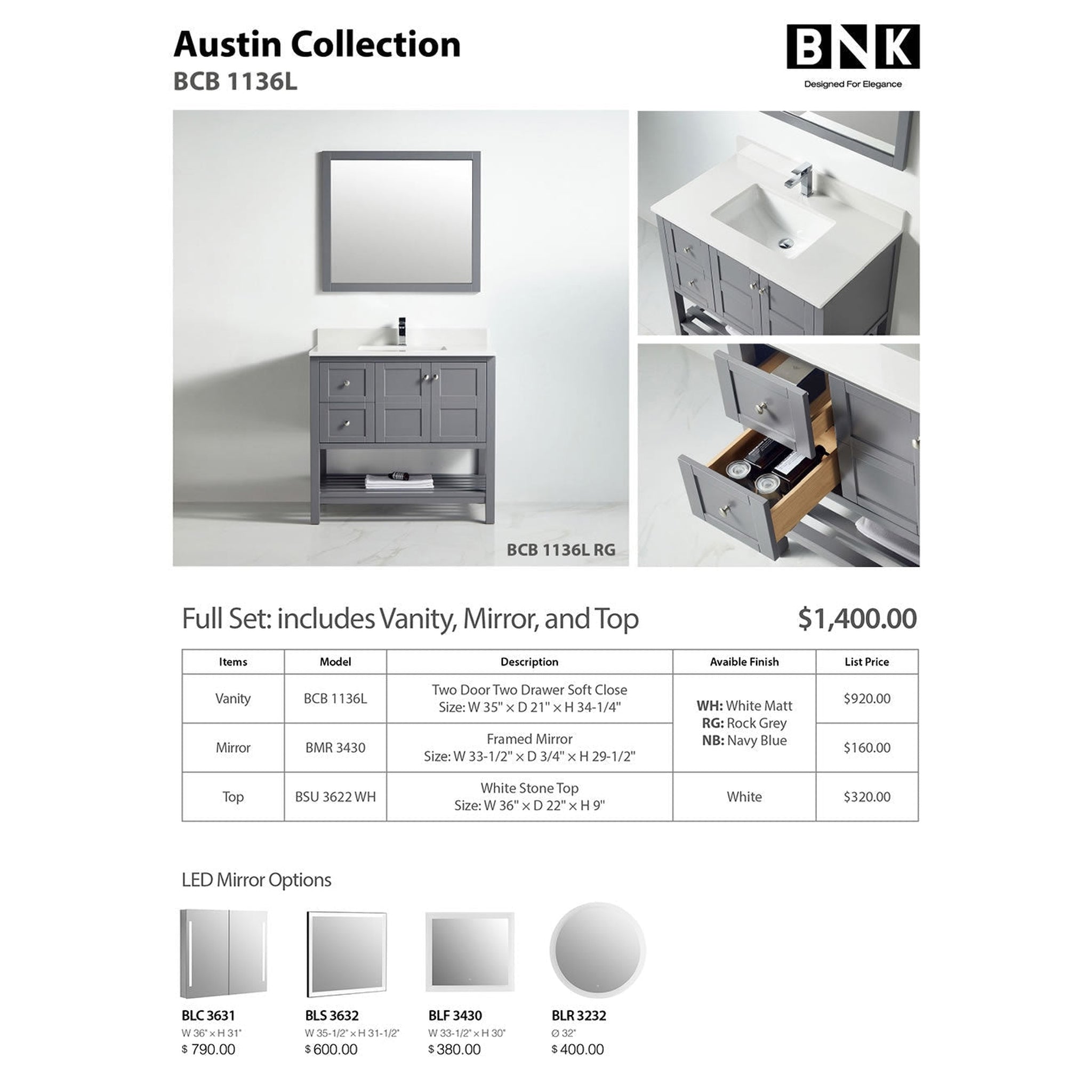 US Bath Store, BNK BCB1136L Austin Rock Grey Vanity Only Two Door Two Left Drawer Soft Close