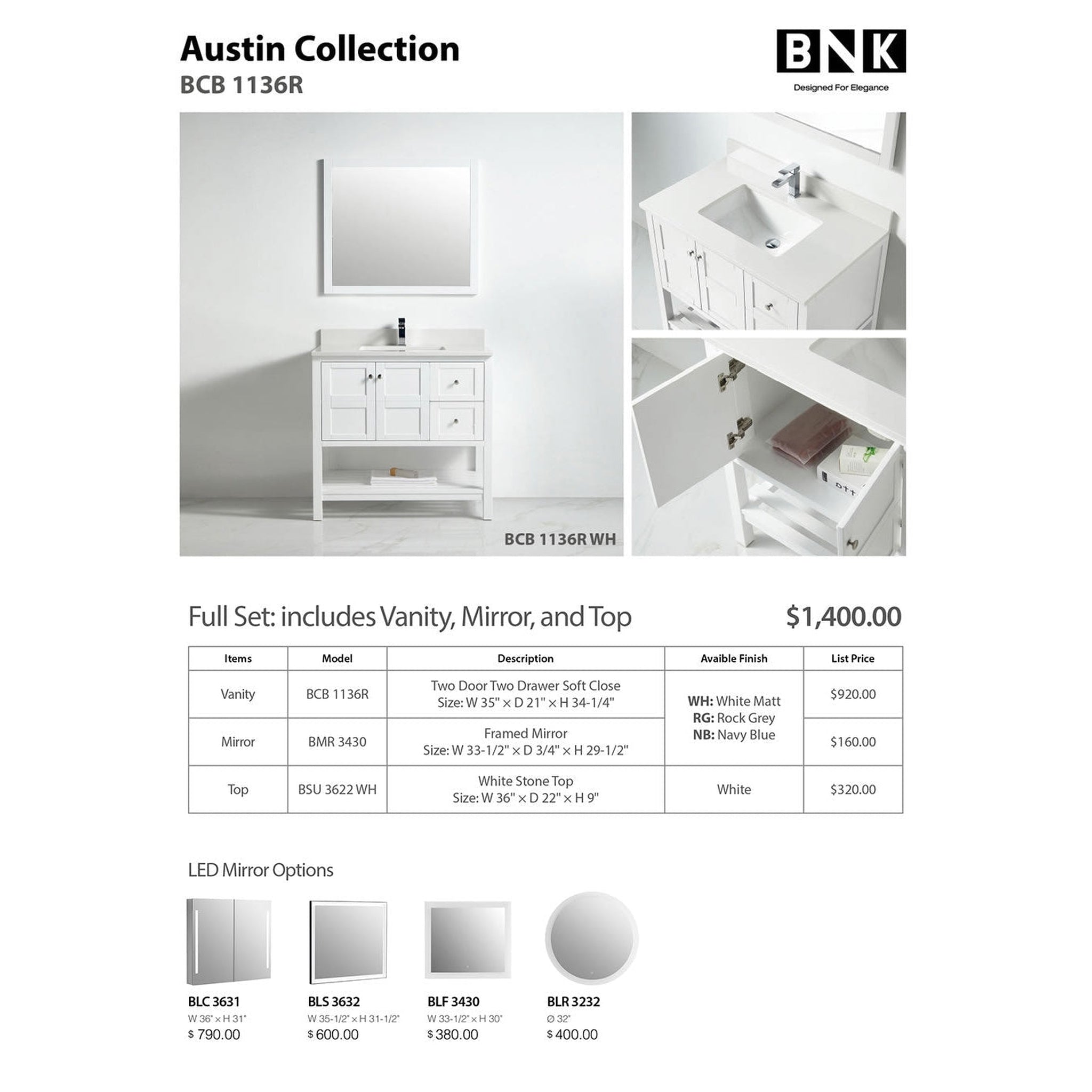 US Bath Store, BNK BCB1136R Austin Matt White Vanity Only Two Door Two Right Drawer Soft Close