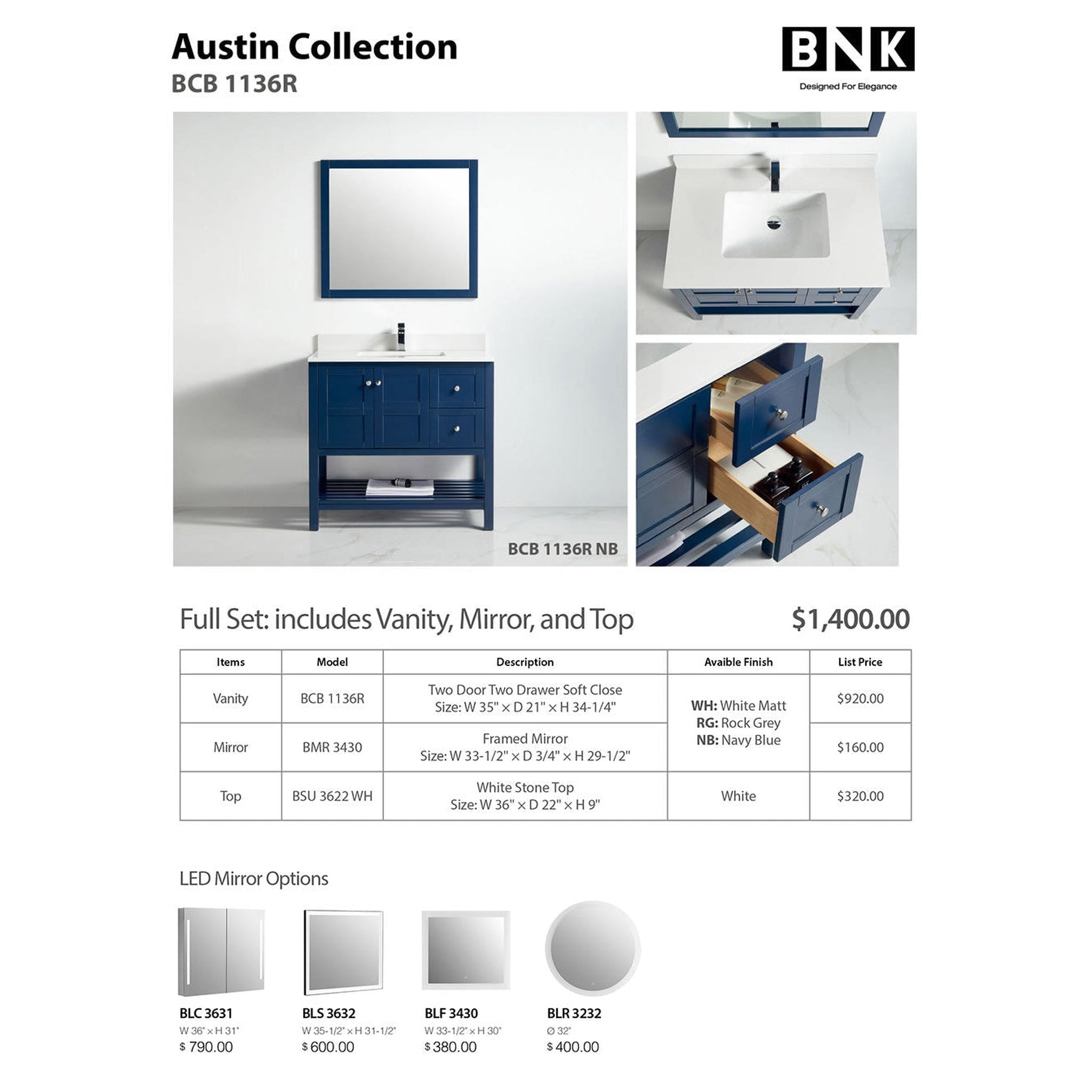 US Bath Store, BNK BCB1136R Austin Navy Blue Vanity Only Two Door Two Right Drawer Soft Close