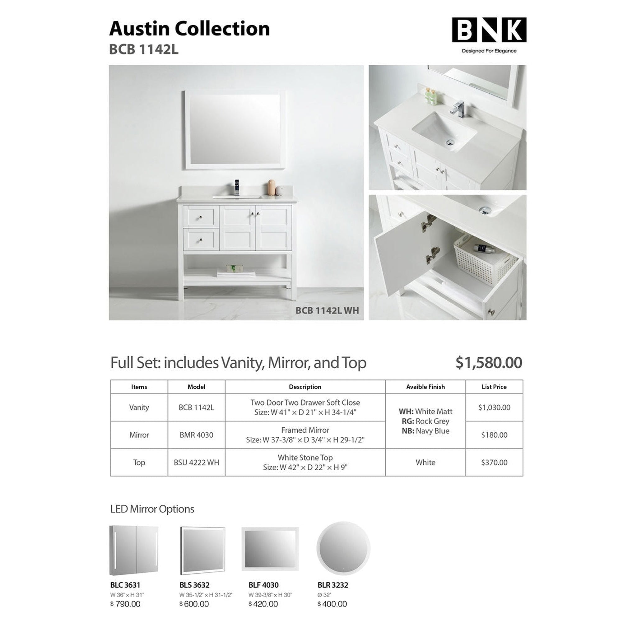 US Bath Store, BNK BCB1142L Austin Matt White Vanity Only Two Door Two Left Drawer Soft Close