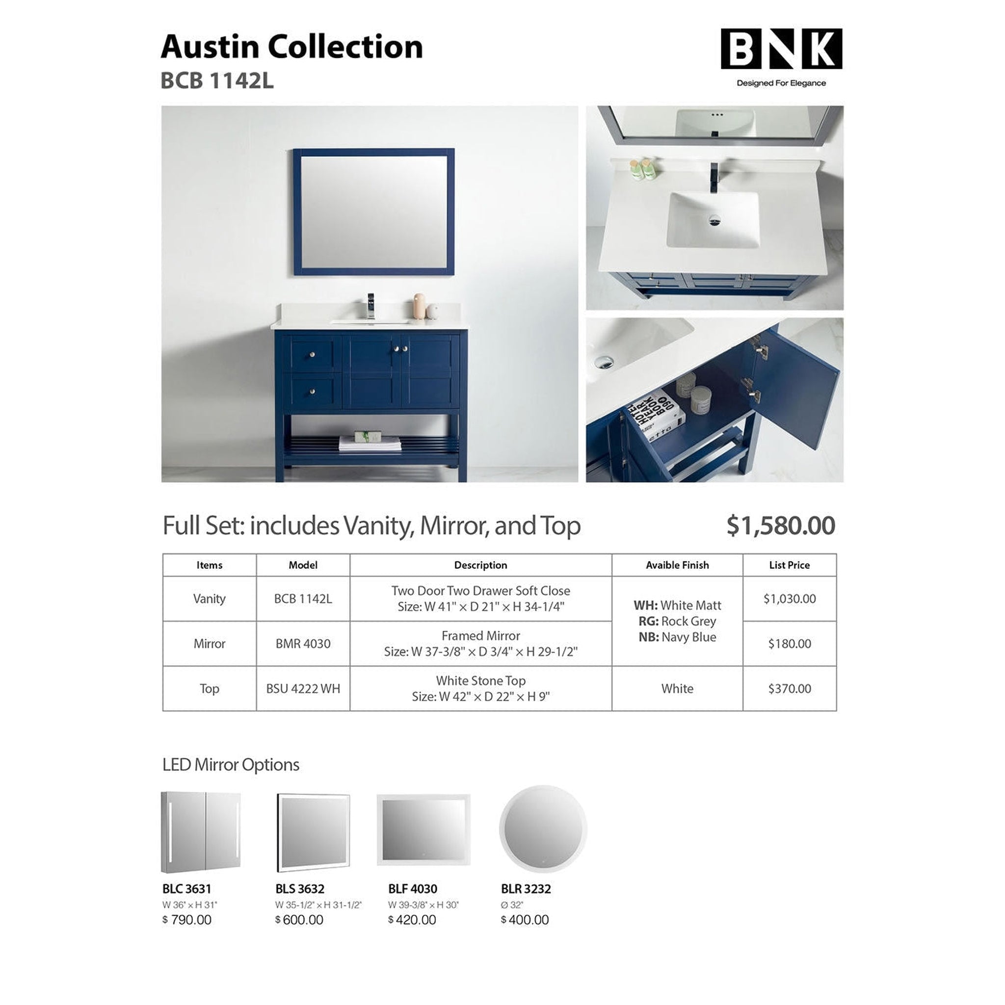 US Bath Store, BNK BCB1142L Austin Navy Blue Vanity Only Two Door Two Left Drawer Soft Close