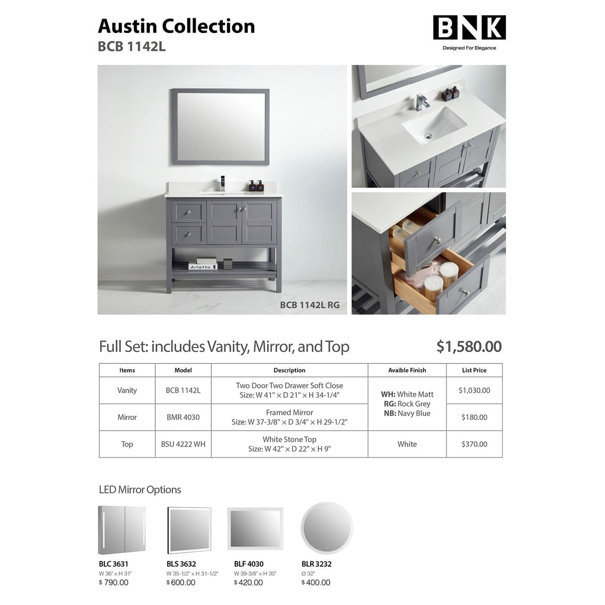 US Bath Store, BNK BCB1142L Austin Rock Grey Vanity Only Two Door Two Left Drawer Soft Close