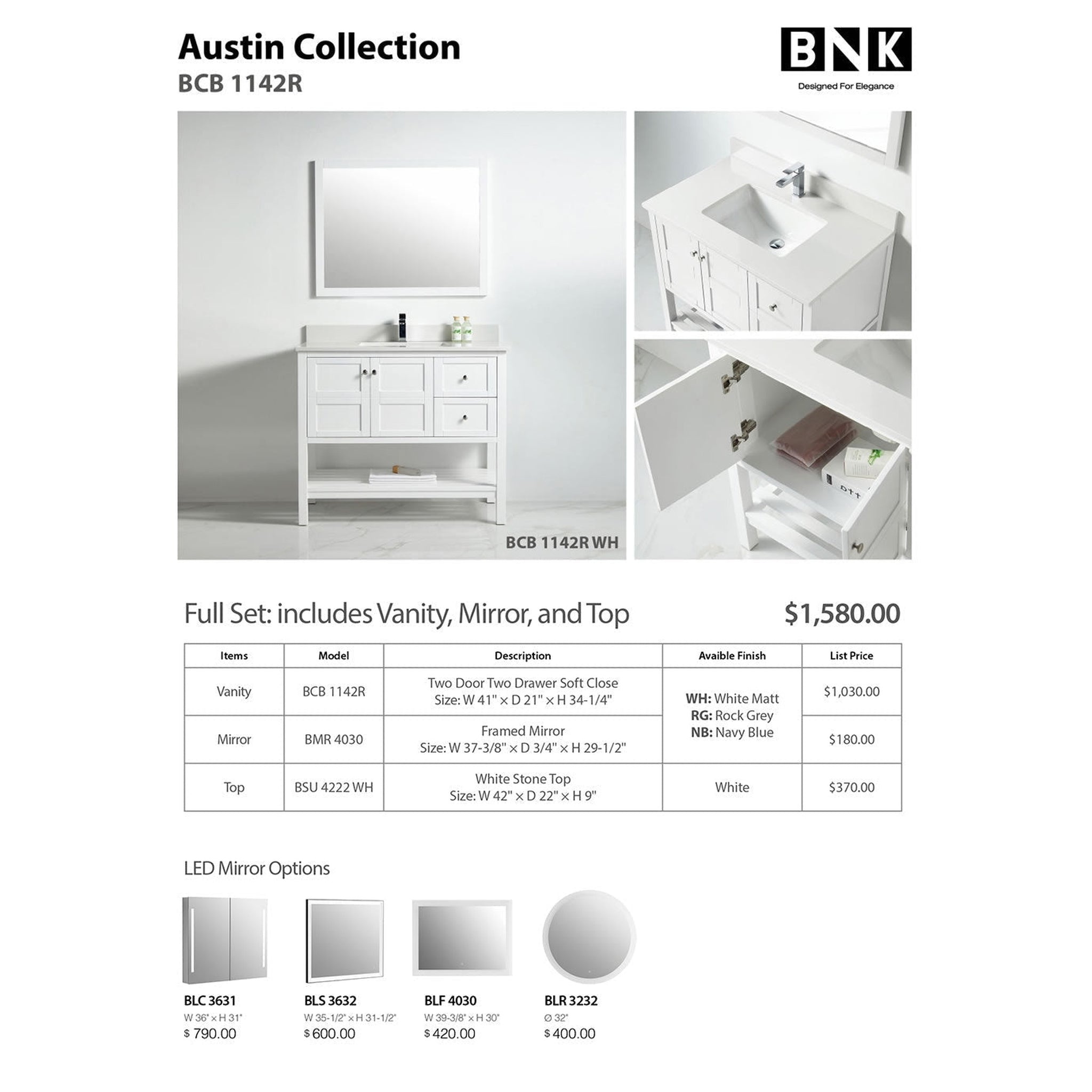 US Bath Store, BNK BCB1142R Austin Matt White Vanity Only Two Door Two Right Drawer Soft Close