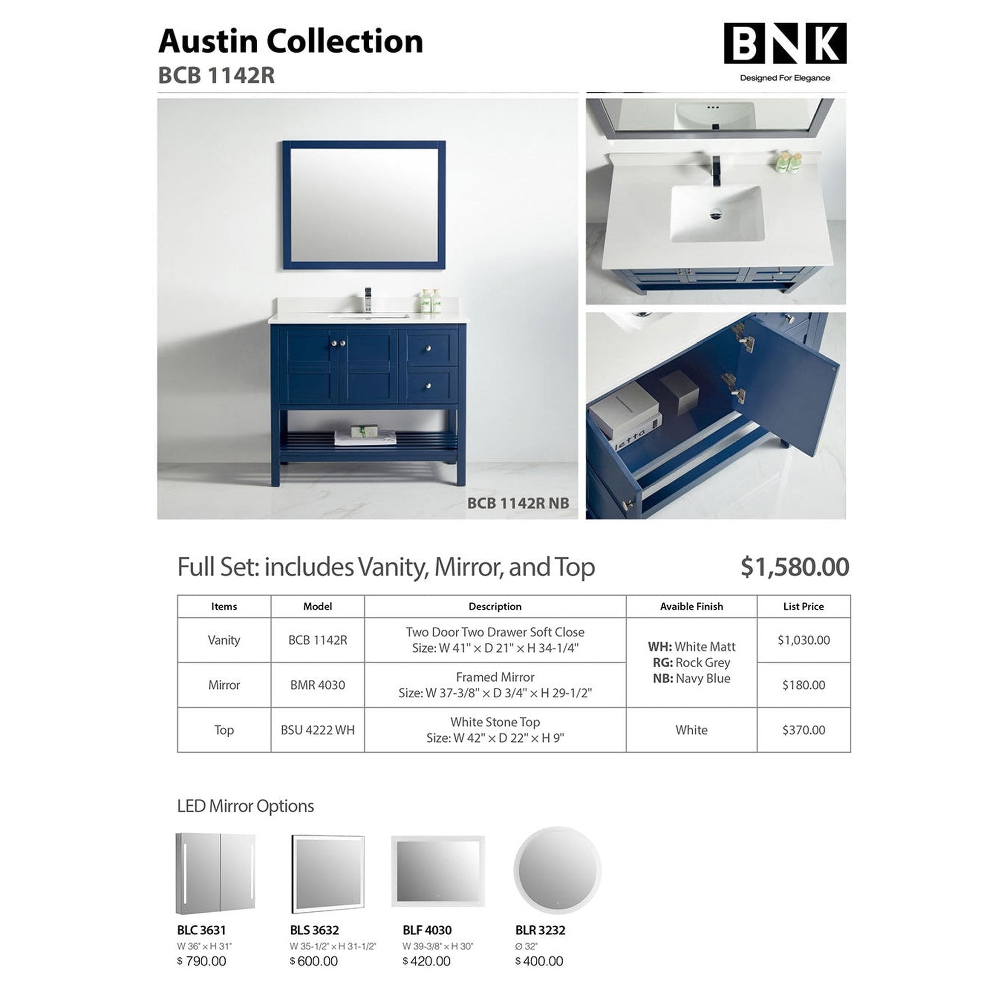 US Bath Store, BNK BCB1142R Austin Navy Blue Vanity Only Two Door Two Right Drawer Soft Close