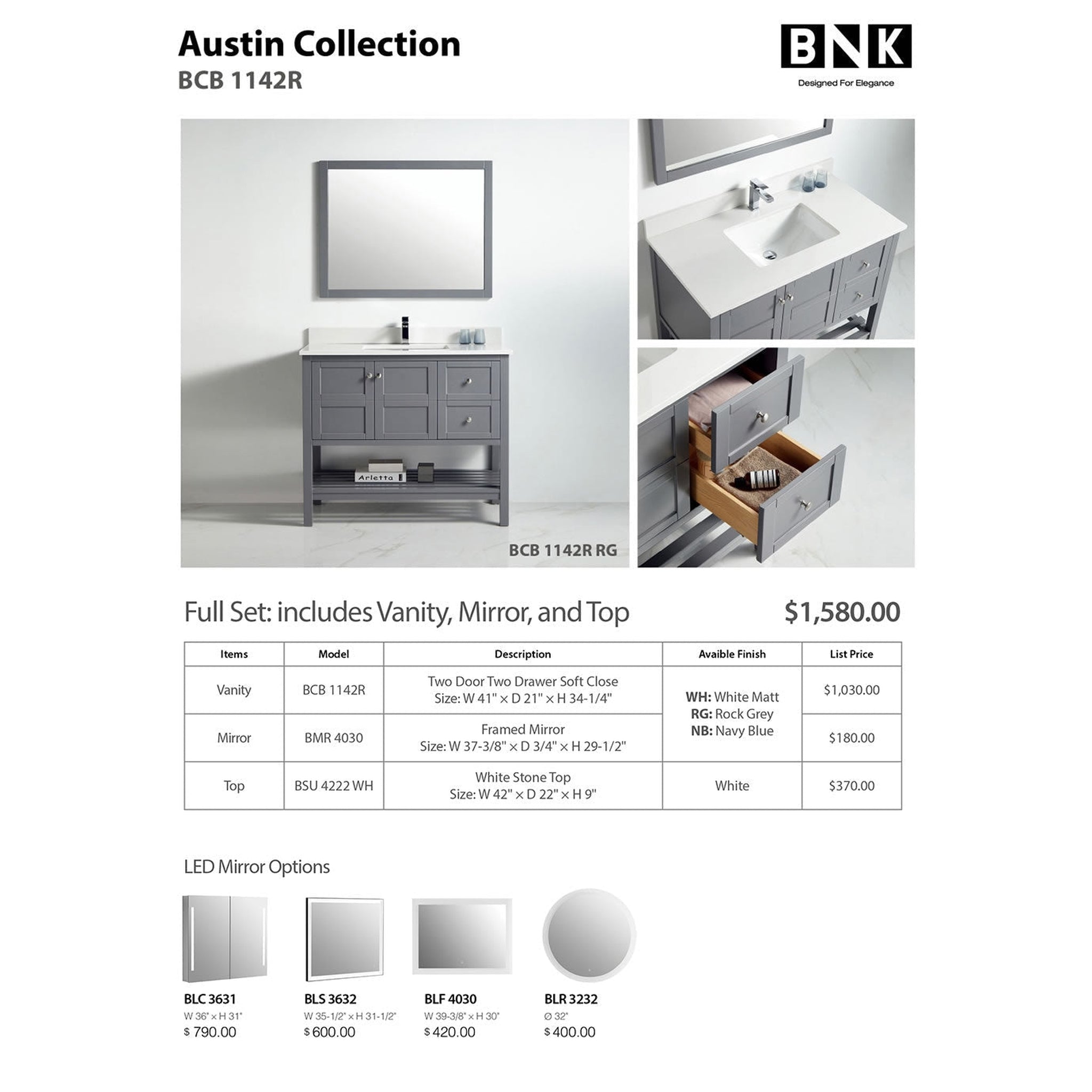 US Bath Store, BNK BCB1142R Austin Rock Grey Vanity Only Two Door Two Right Drawer Soft Close