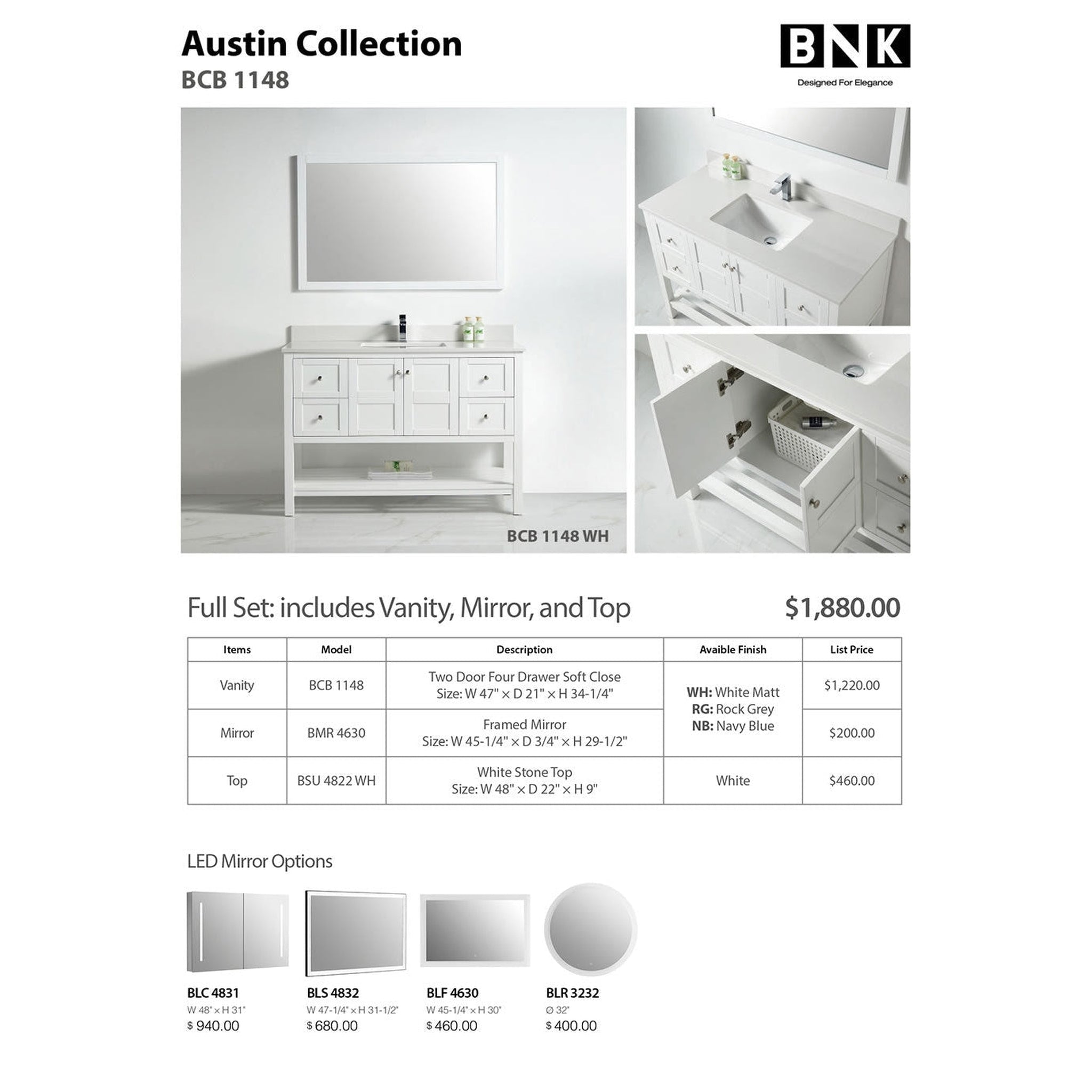 US Bath Store, BNK BCB1148 Austin Matt White Vanity Only Two Door Four Drawer Soft Close