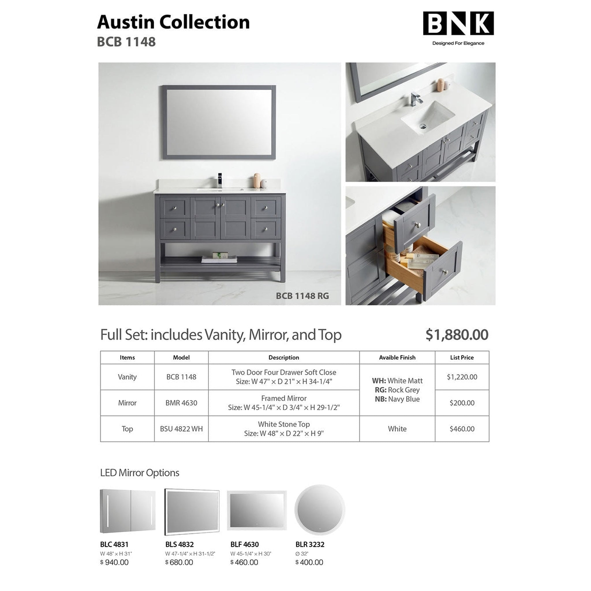 US Bath Store, BNK BCB1148 Austin Rock Grey Vanity Only Two Door Four Drawer Soft Close