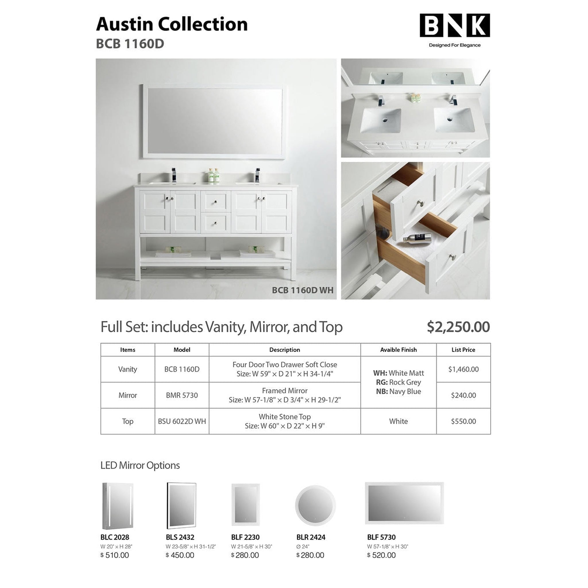 US Bath Store, BNK BCB1160D Austin Matt White Vanity With Double-Sink Only Four Door Two Drawer Soft Close