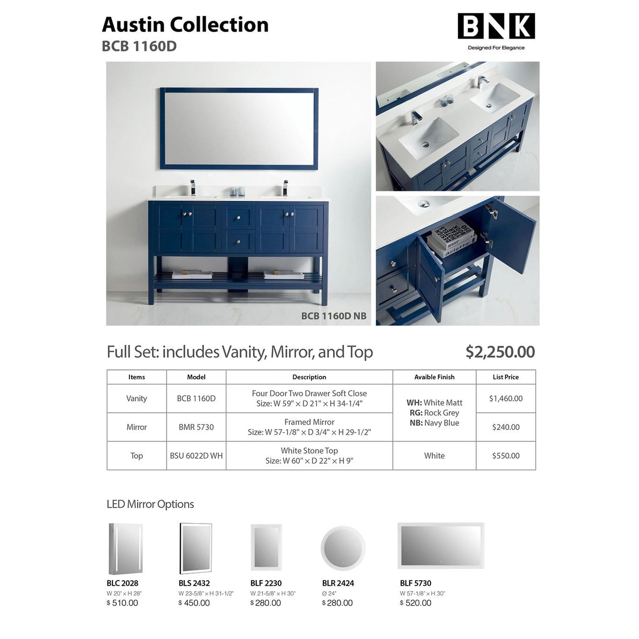 US Bath Store, BNK BCB1160D Austin Navy Blue Vanity With Double-Sink Only Four Door Two Drawer Soft Close