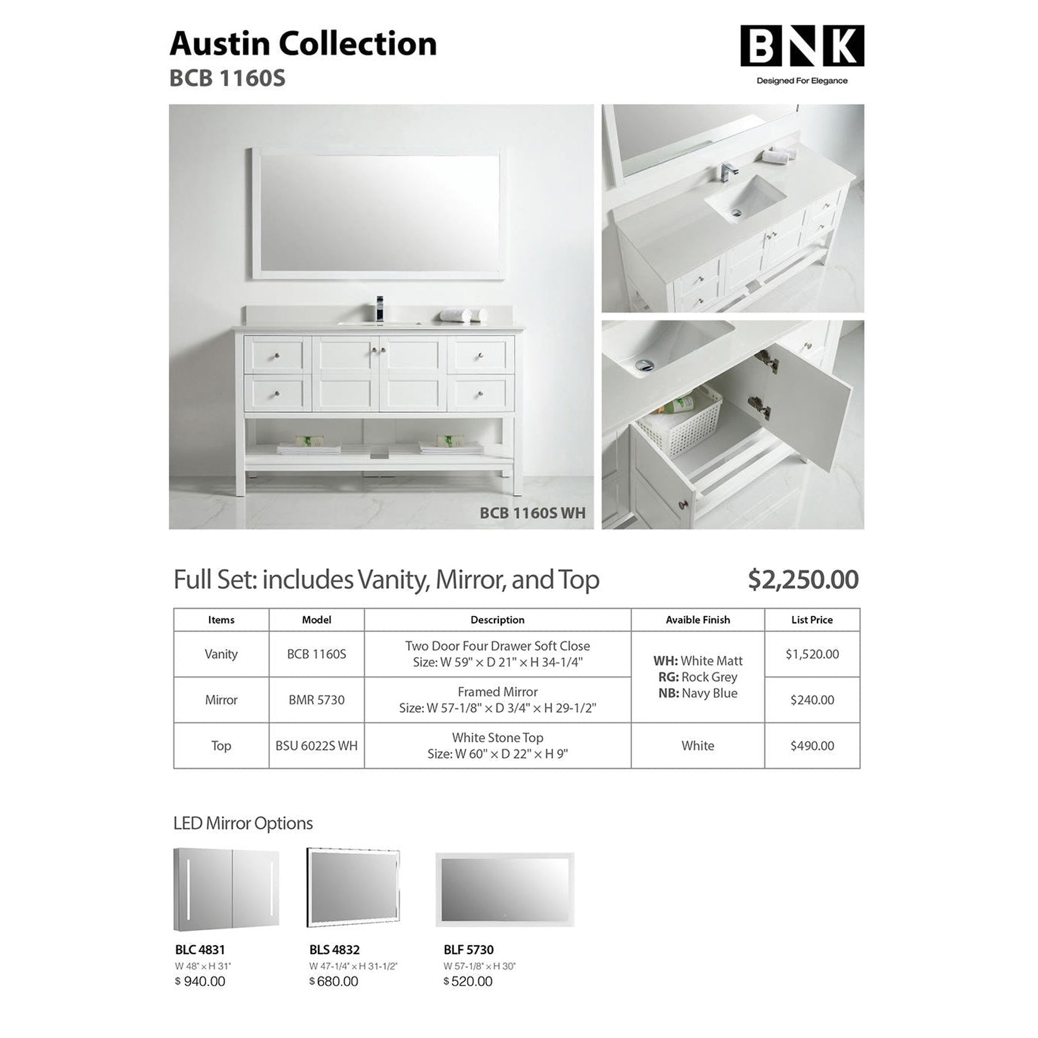 US Bath Store, BNK BCB1160S Austin Matt White Vanity With Single Sink Only Two Door Four Drawer Soft Close