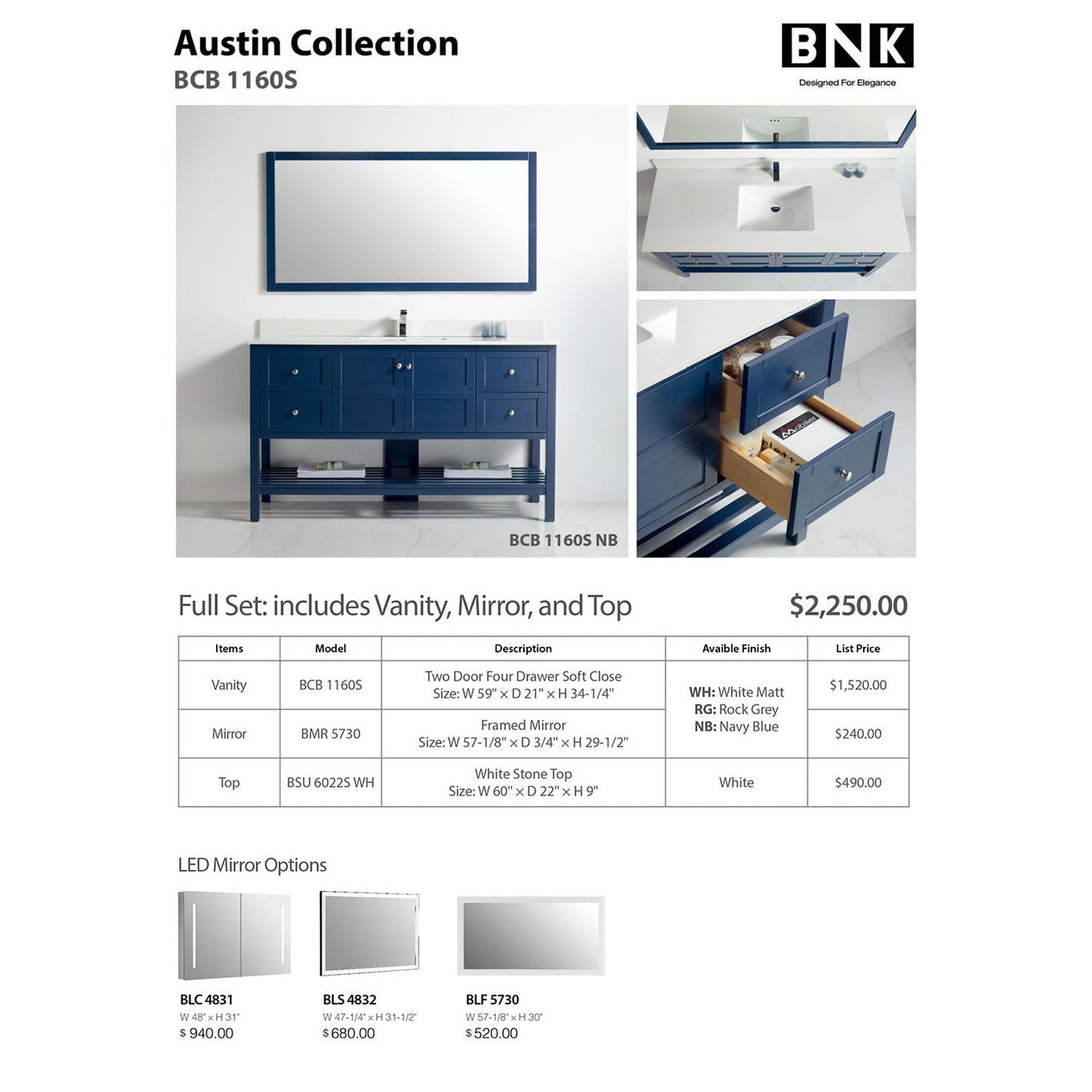 US Bath Store, BNK BCB1160S Austin Navy Blue Vanity With Single Sink Only Two Door Four Drawer Soft Close