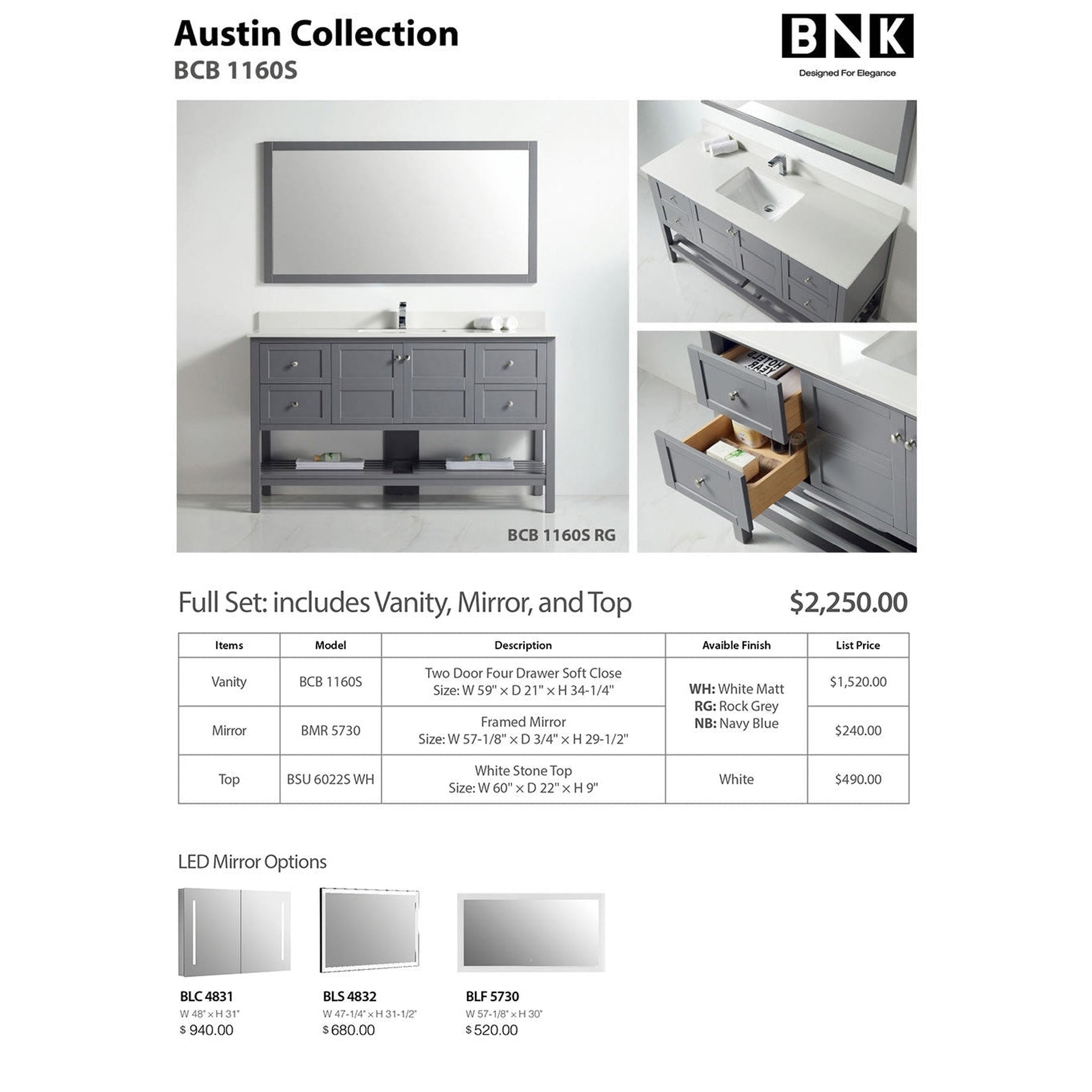 US Bath Store, BNK BCB1160S Austin Rock Grey Vanity With Single Sink Only Two Door Four Drawer Soft Close