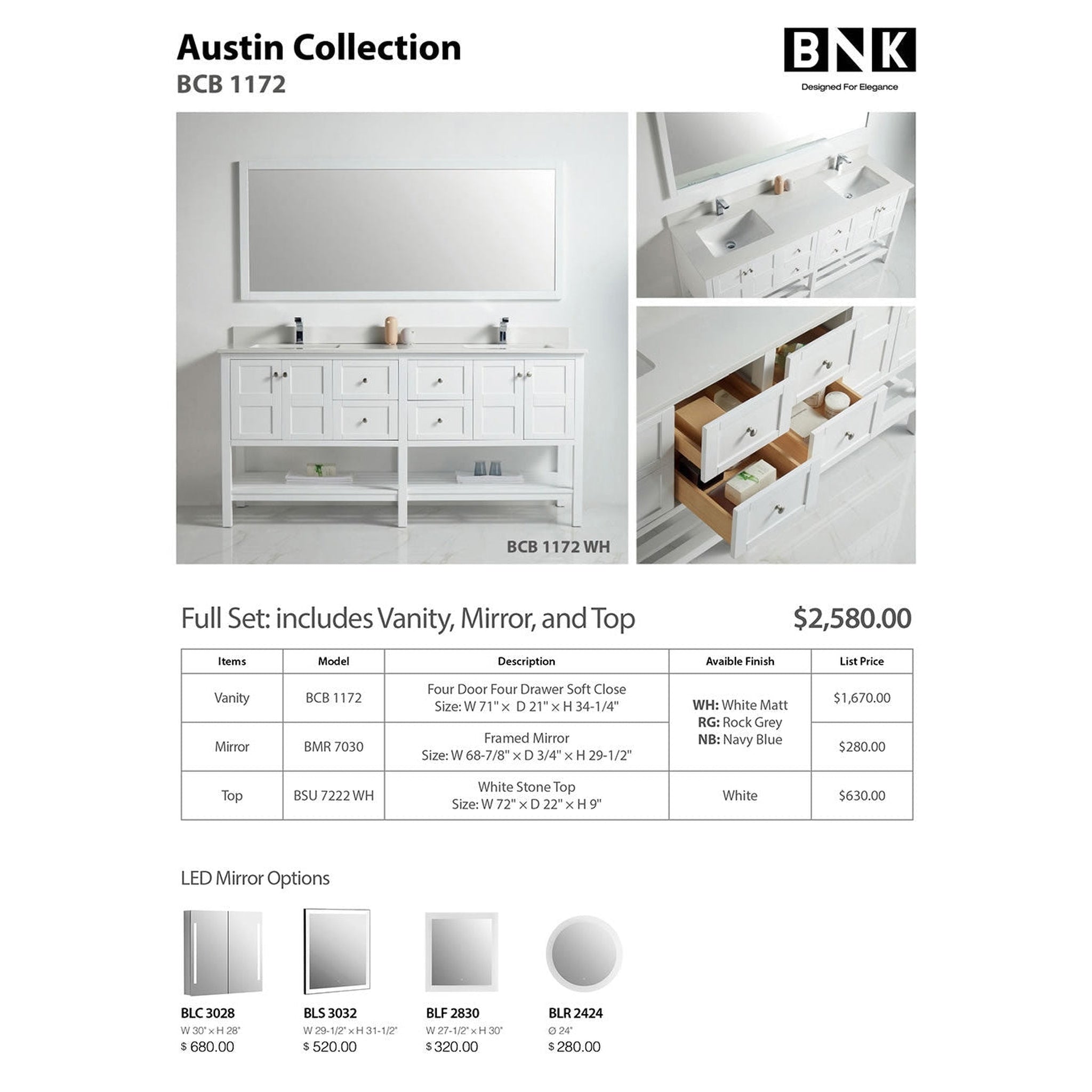 US Bath Store, BNK BCB1172 Austin Matt White Vanity With Double-Sink Only Four Door Four Drawer Soft Close