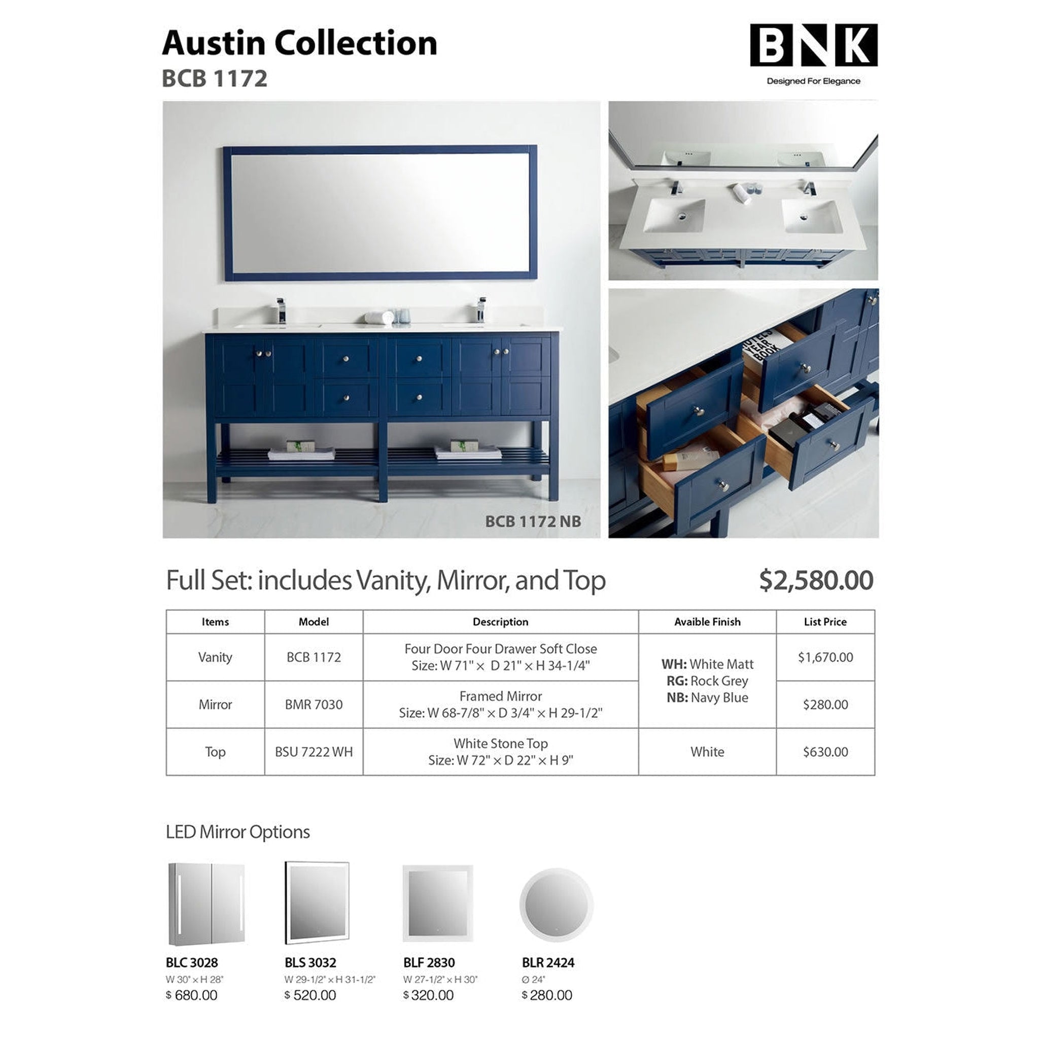 US Bath Store, BNK BCB1172 Austin Navy Blue Vanity With Double-Sink Only Four Door Four Drawer Soft Close