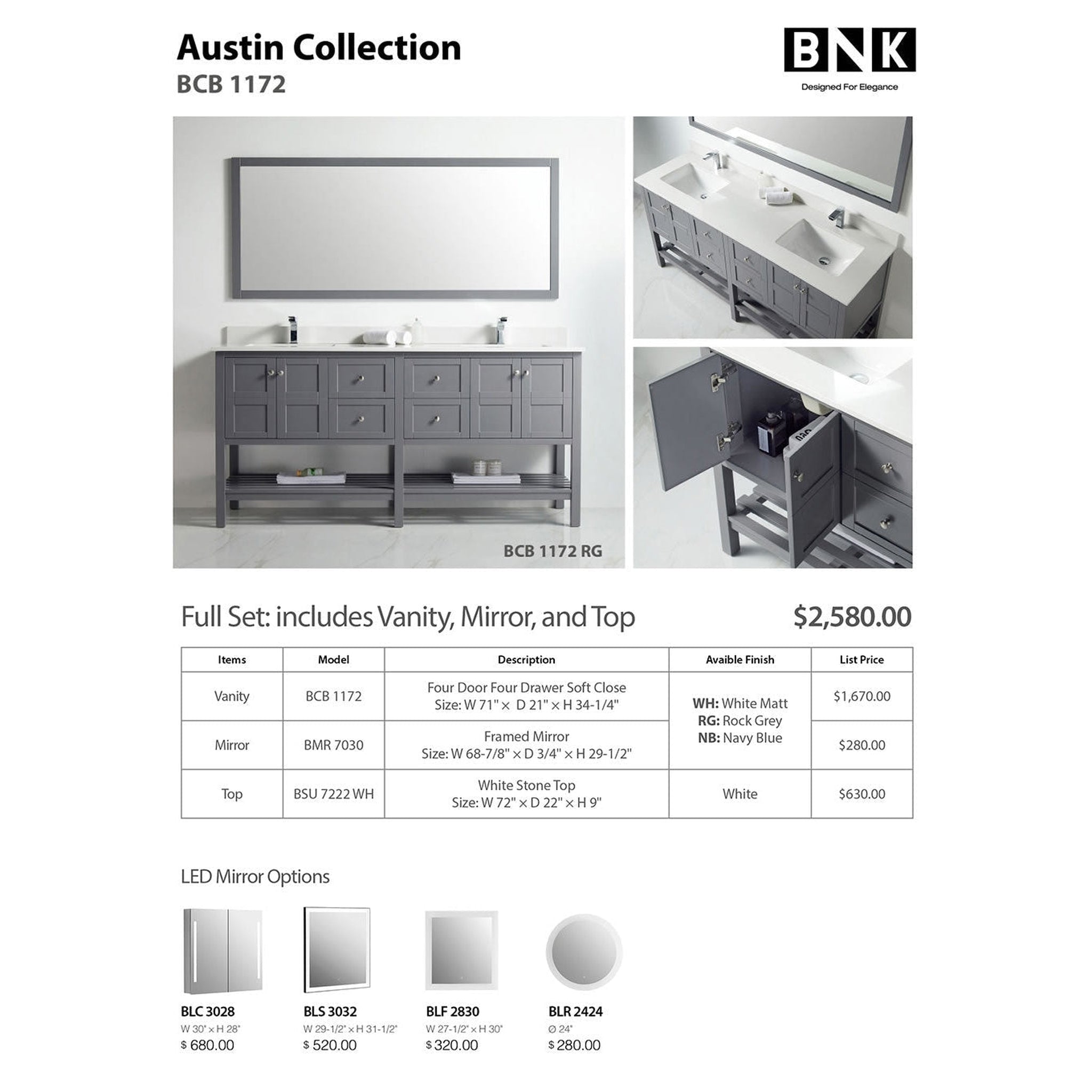 US Bath Store, BNK BCB1172 Austin Rock Grey Vanity With Double-Sink Only Four Door Four Drawer Soft Close