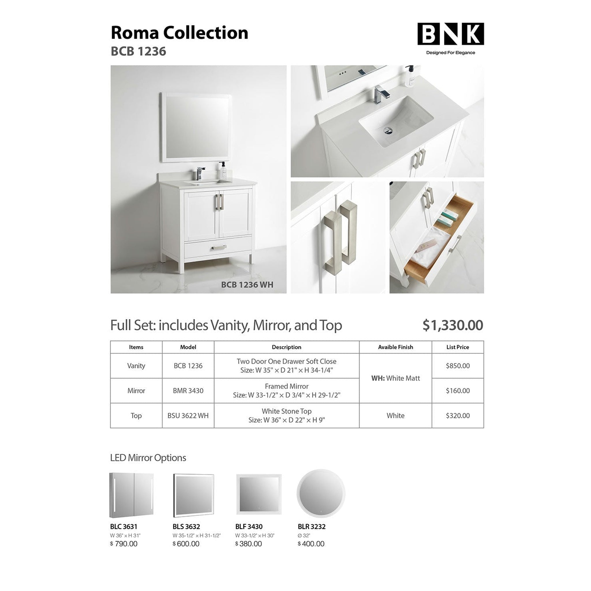 US Bath Store, BNK BCB1236 Roma Matt White Vanity Only Two-Door One Bottom Drawer Soft Close