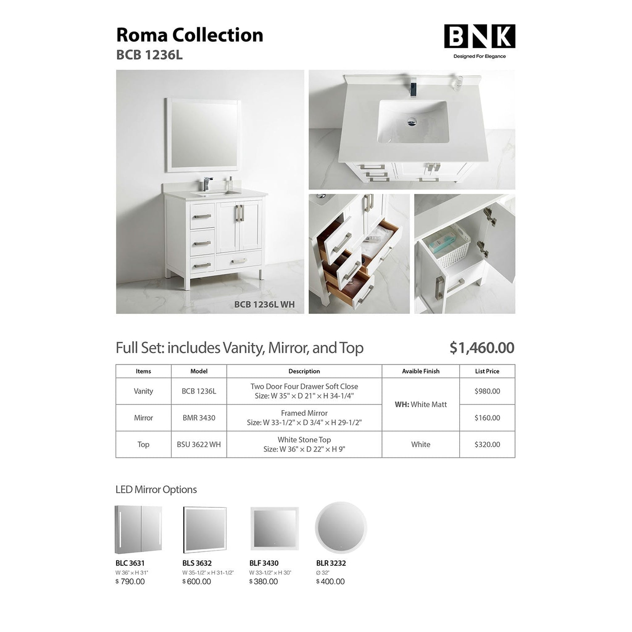 US Bath Store, BNK BCB1236L Roma Matt White Vanity Only Two-Door Three Left Drawer Soft Close