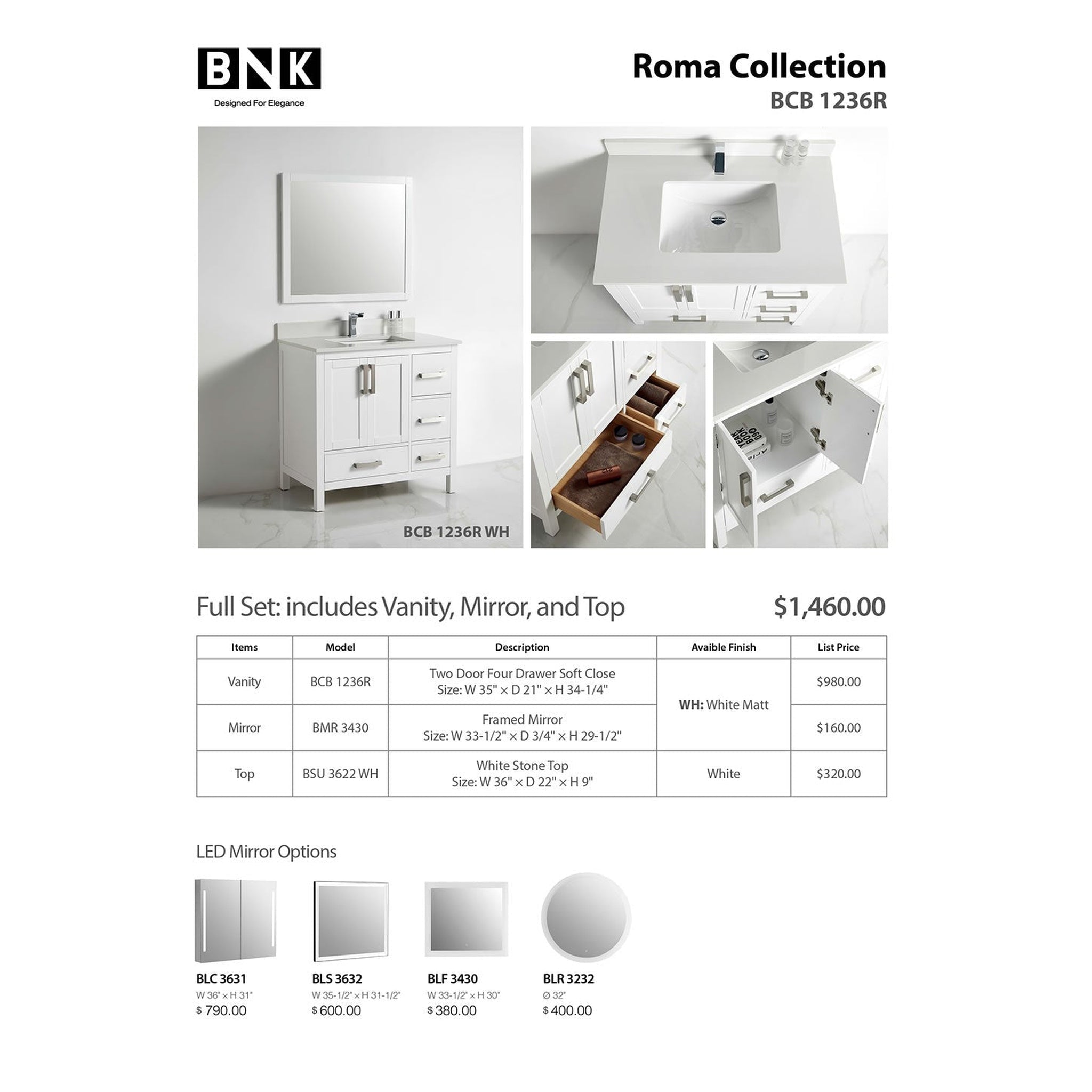 US Bath Store, BNK BCB1236R Roma Matt White Vanity Only Two-Door Three Right Drawer Soft Close