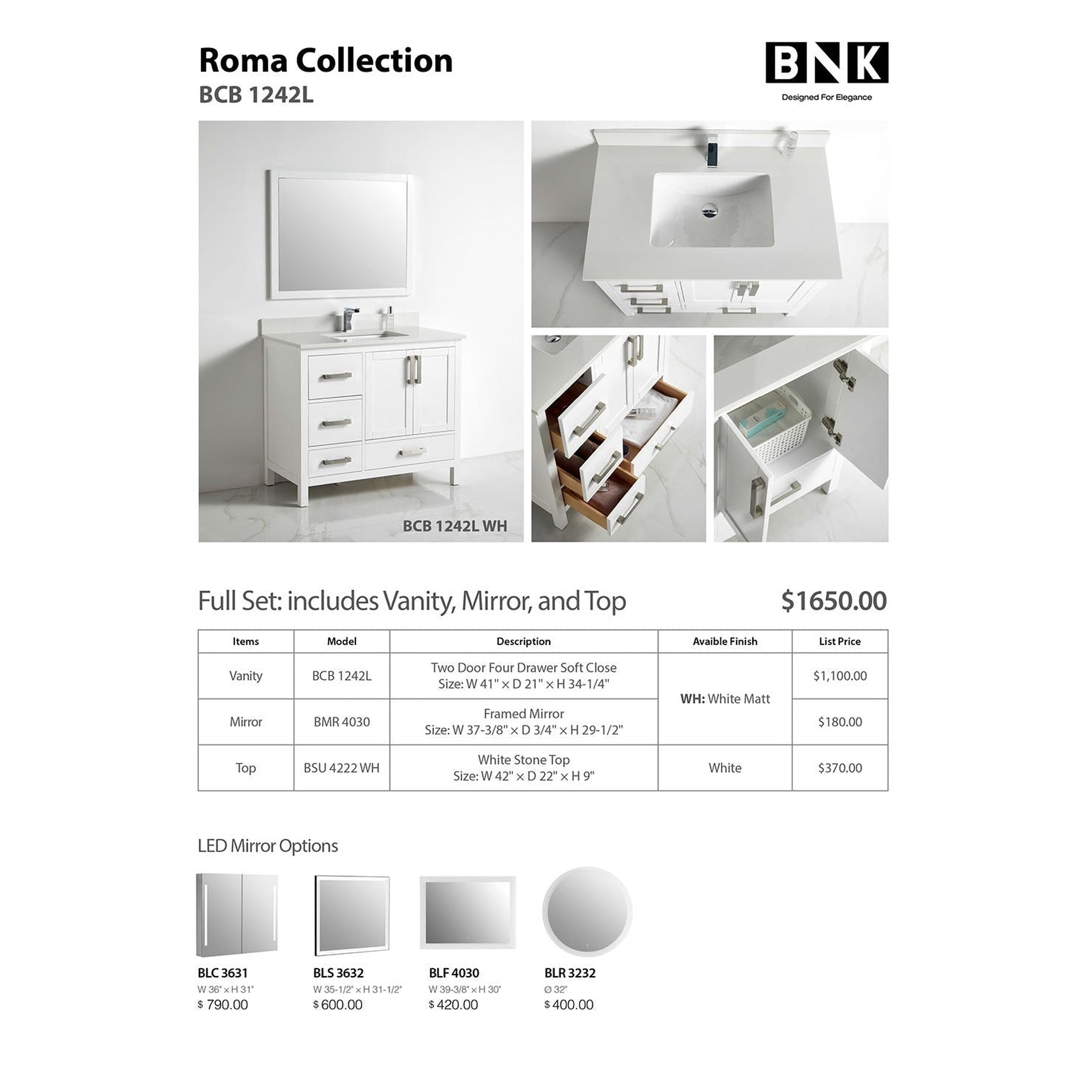 US Bath Store, BNK BCB1242L Roma Matt White Vanity Only Two-Door Three Left Drawer Soft Close