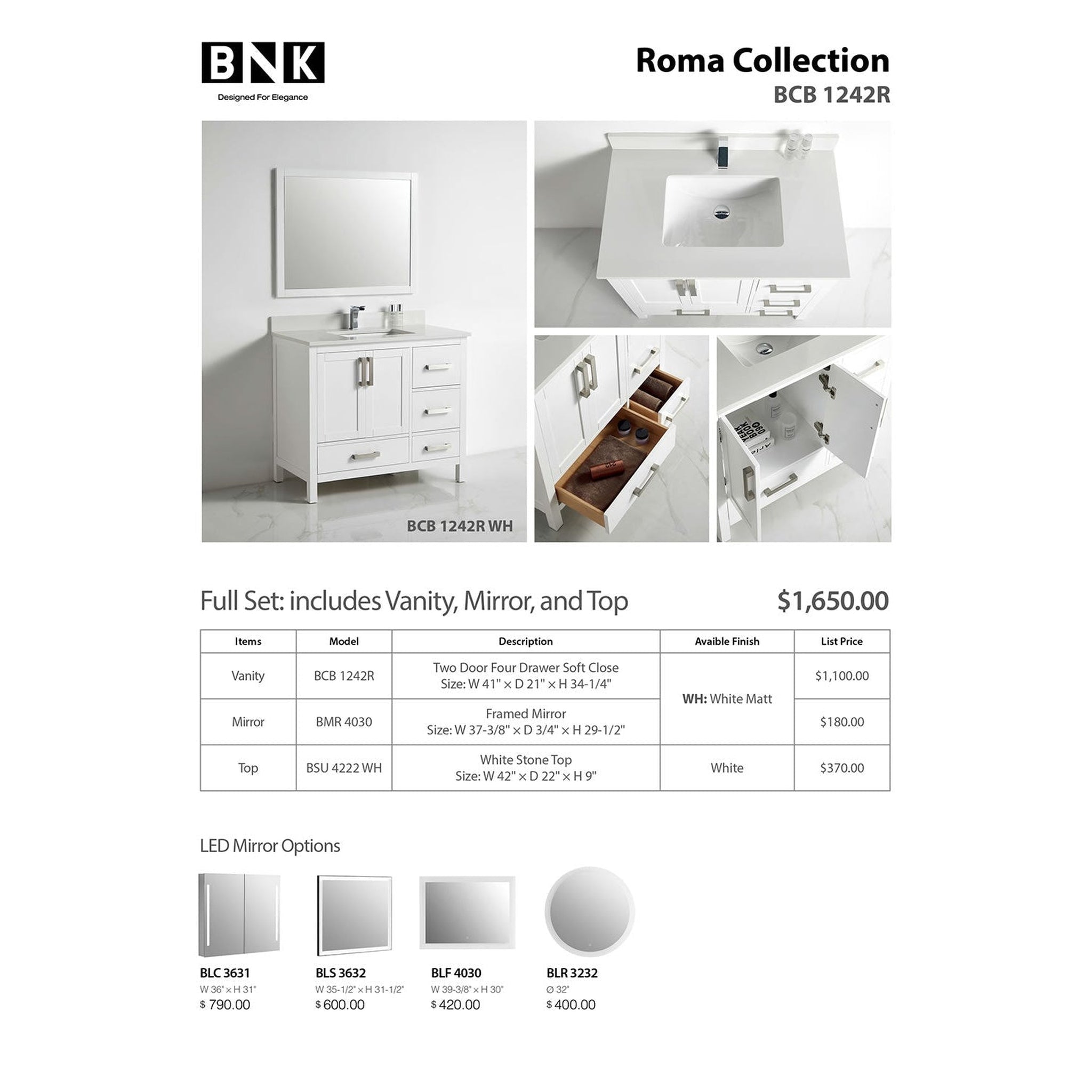 US Bath Store, BNK BCB1242R Roma Matt White Vanity Only Two-Door Three Right Drawer Soft Close