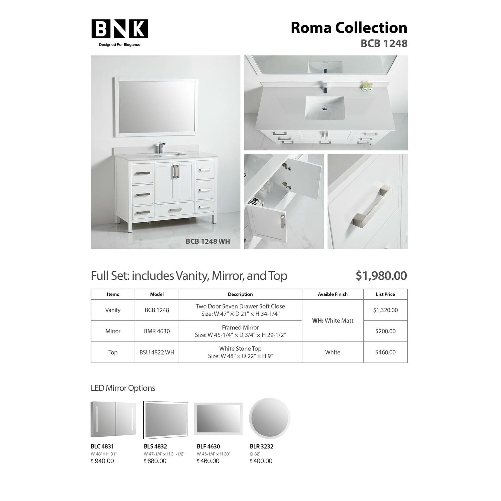 US Bath Store, BNK BCB1248 Roma Matt White Vanity Only Two-Door Seven Drawer Soft Close