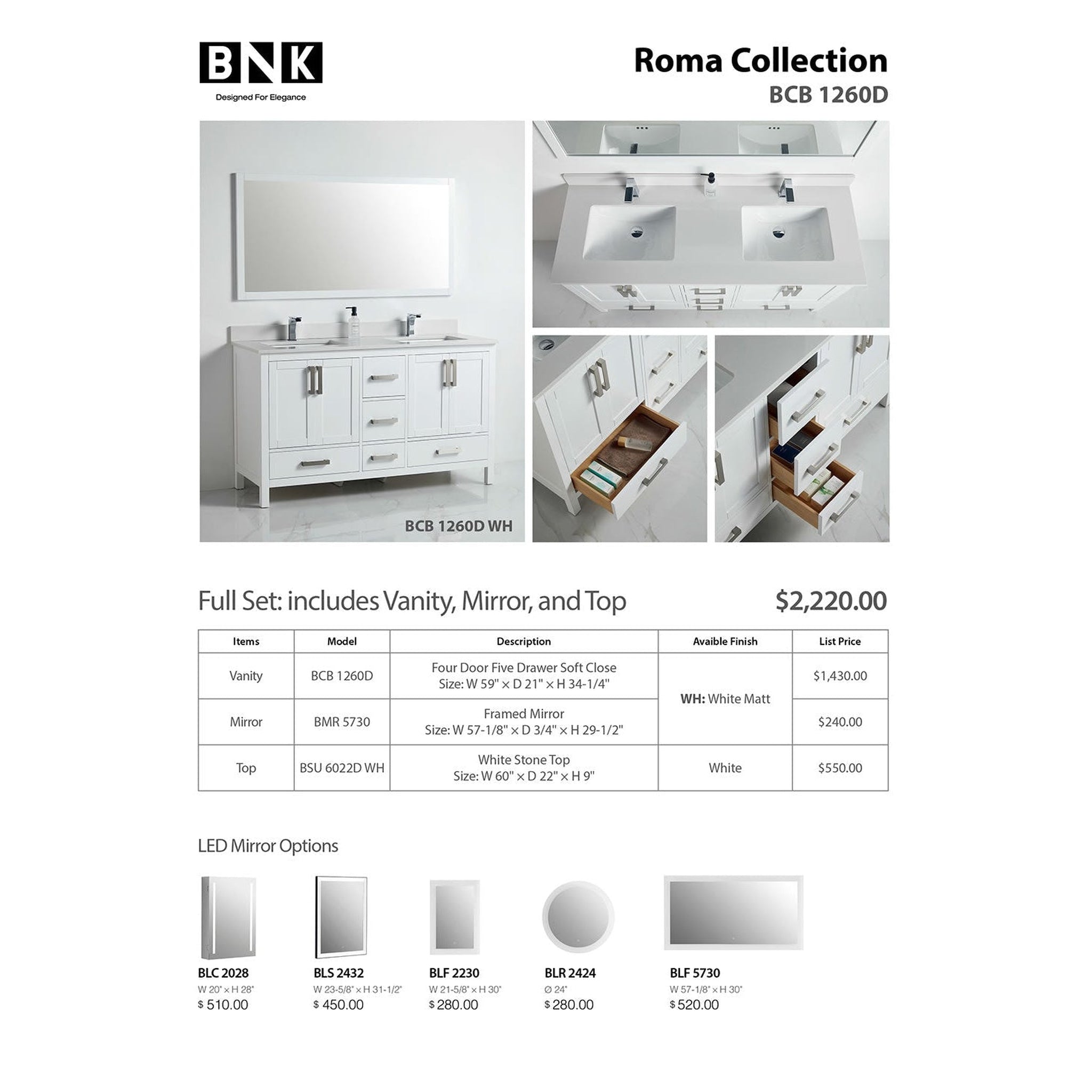 US Bath Store, BNK BCB1260D Roma Matt White Vanity With Double-Sink Only Four-Door Five Drawer Soft Close