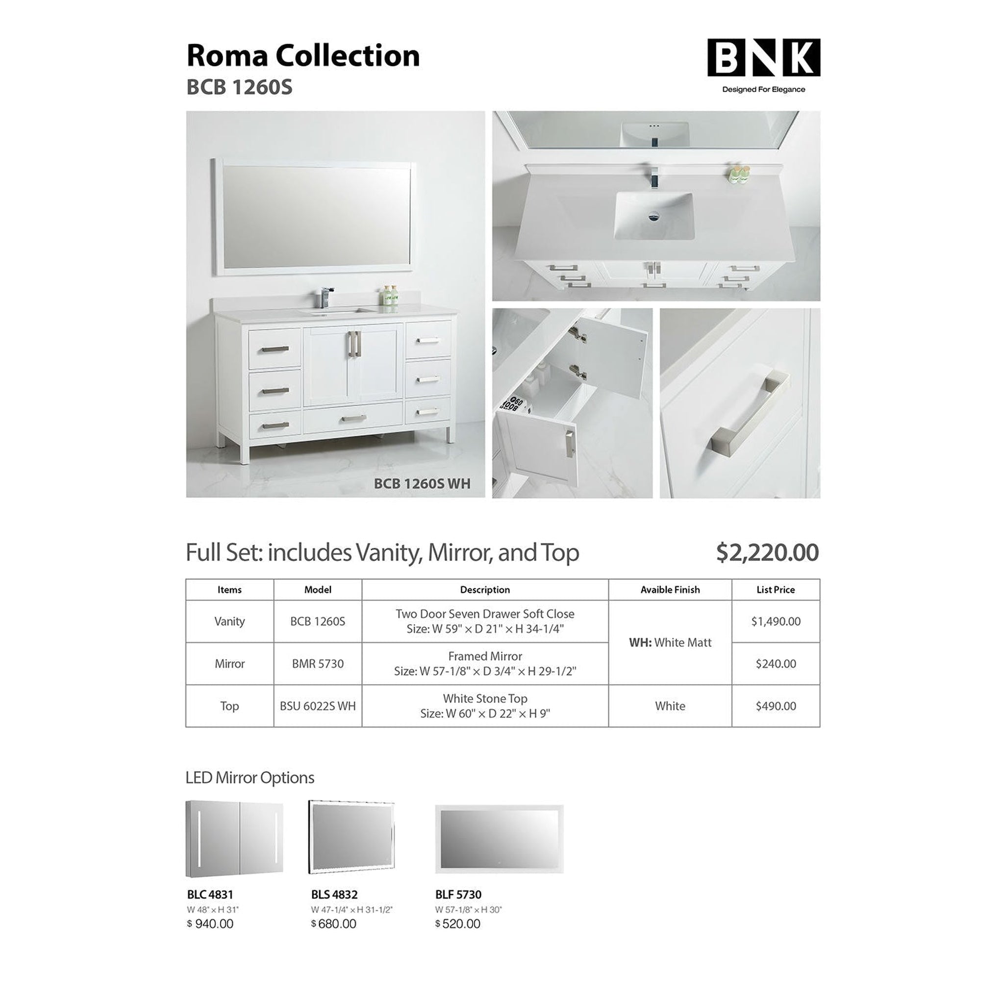 US Bath Store, BNK BCB1260S Roma Matt White Vanity With Single Sink Only Two-Door Seven Drawer Soft Close