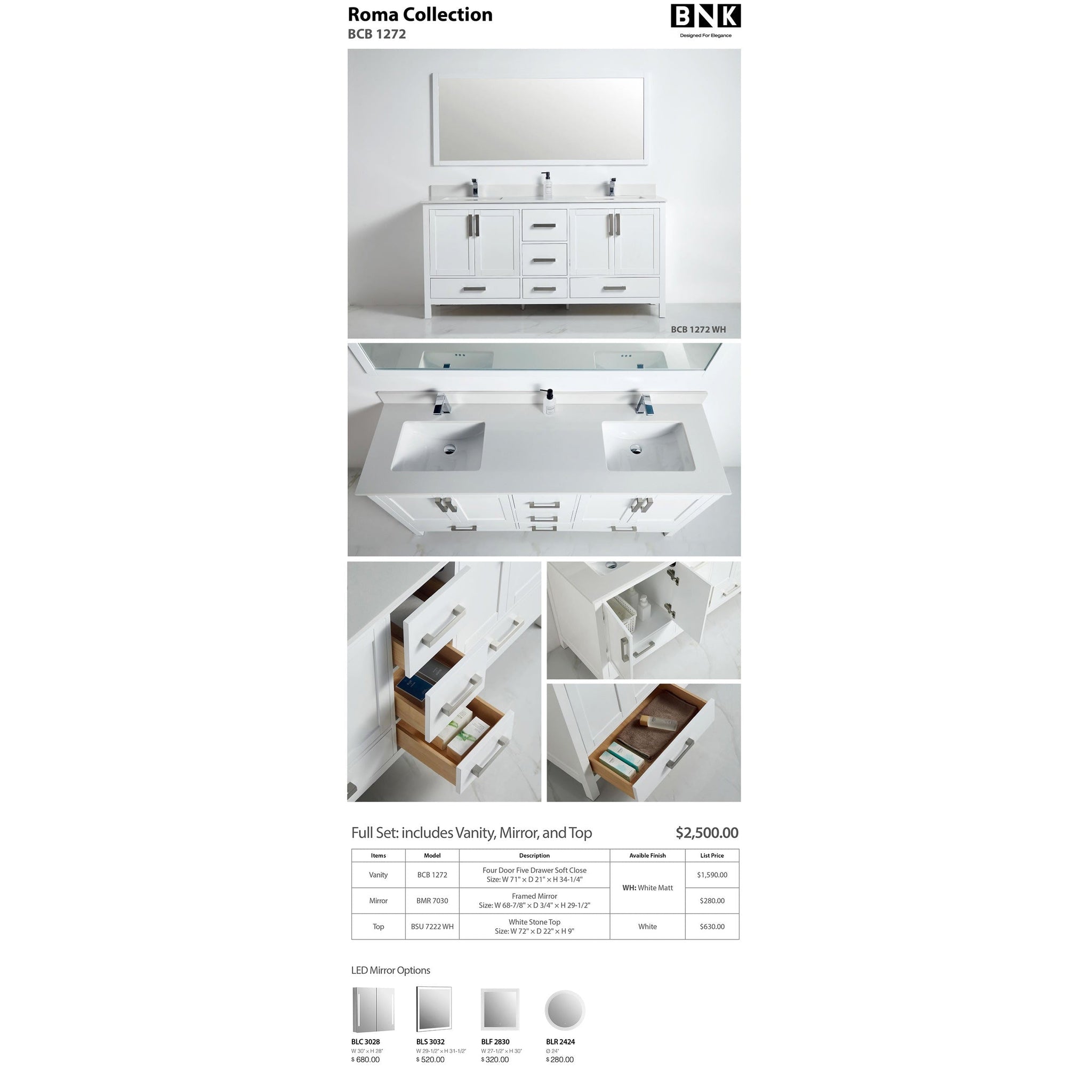 US Bath Store, BNK BCB1272 Roma Matt White Vanity With Double-Sink Only Four-Door Five Drawer Soft Close