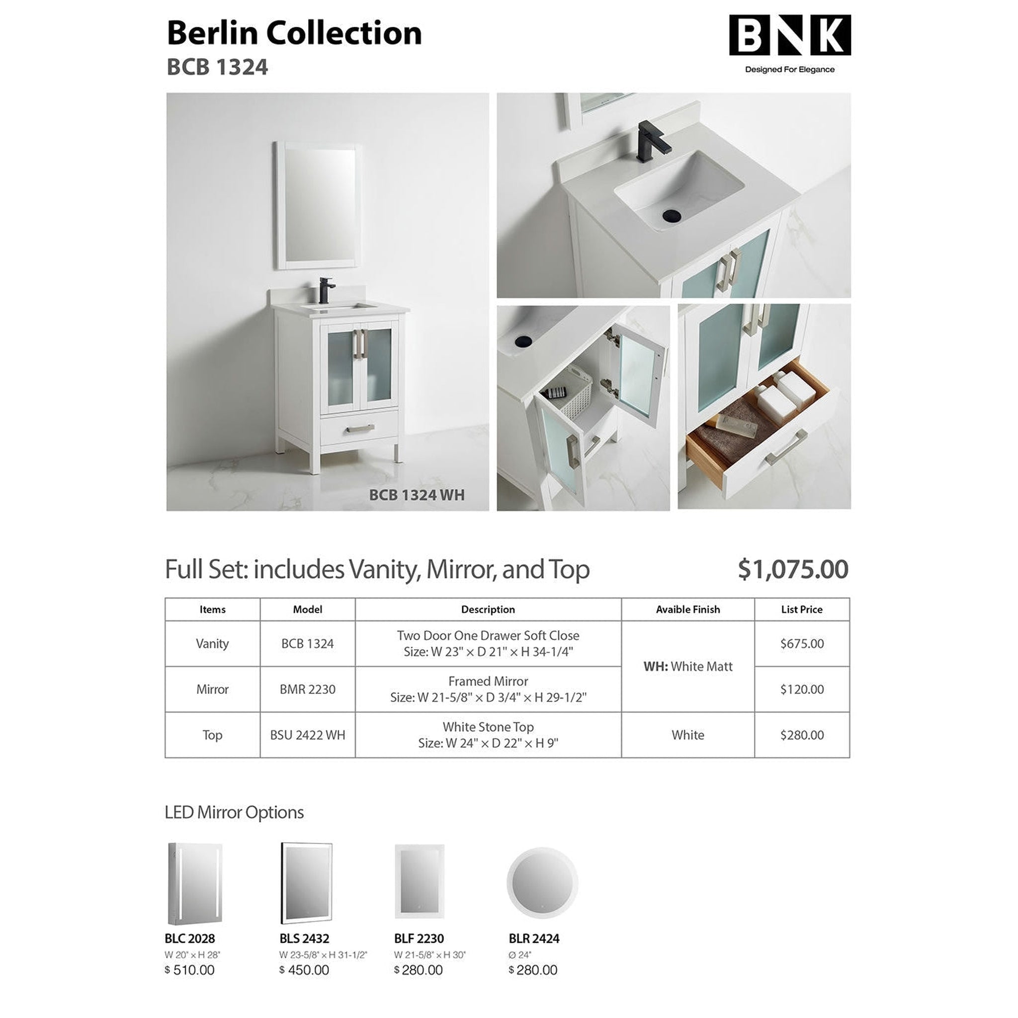 US Bath Store, BNK BCB1324 Berlin Vanity Only Two-Door One Drawer Soft Close