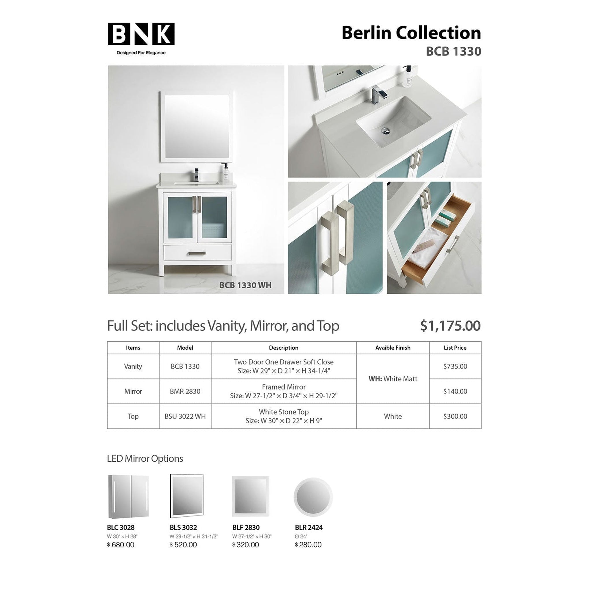 US Bath Store, BNK BCB1330 Berlin Vanity Only Two-Door One Drawer Soft Close