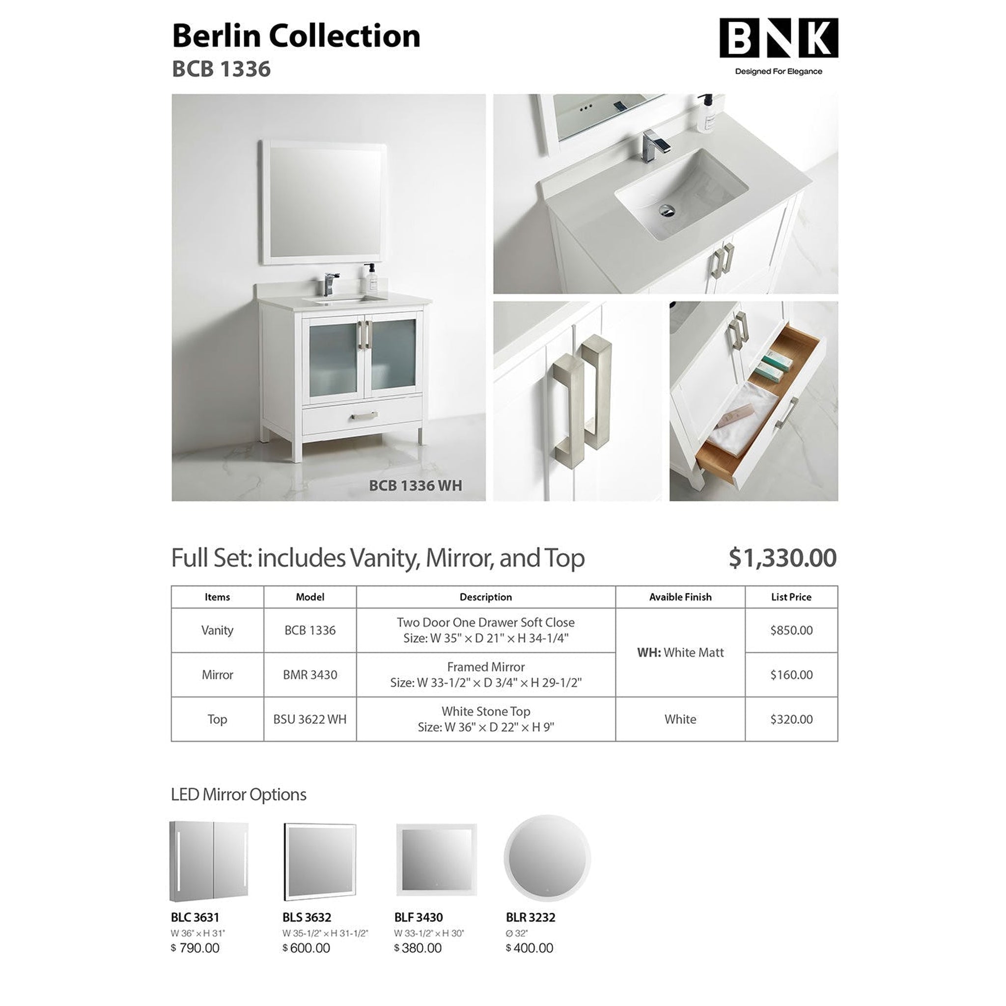 US Bath Store, BNK BCB1336 Berlin Vanity Only Two-Door One Bottom Drawer Soft Close