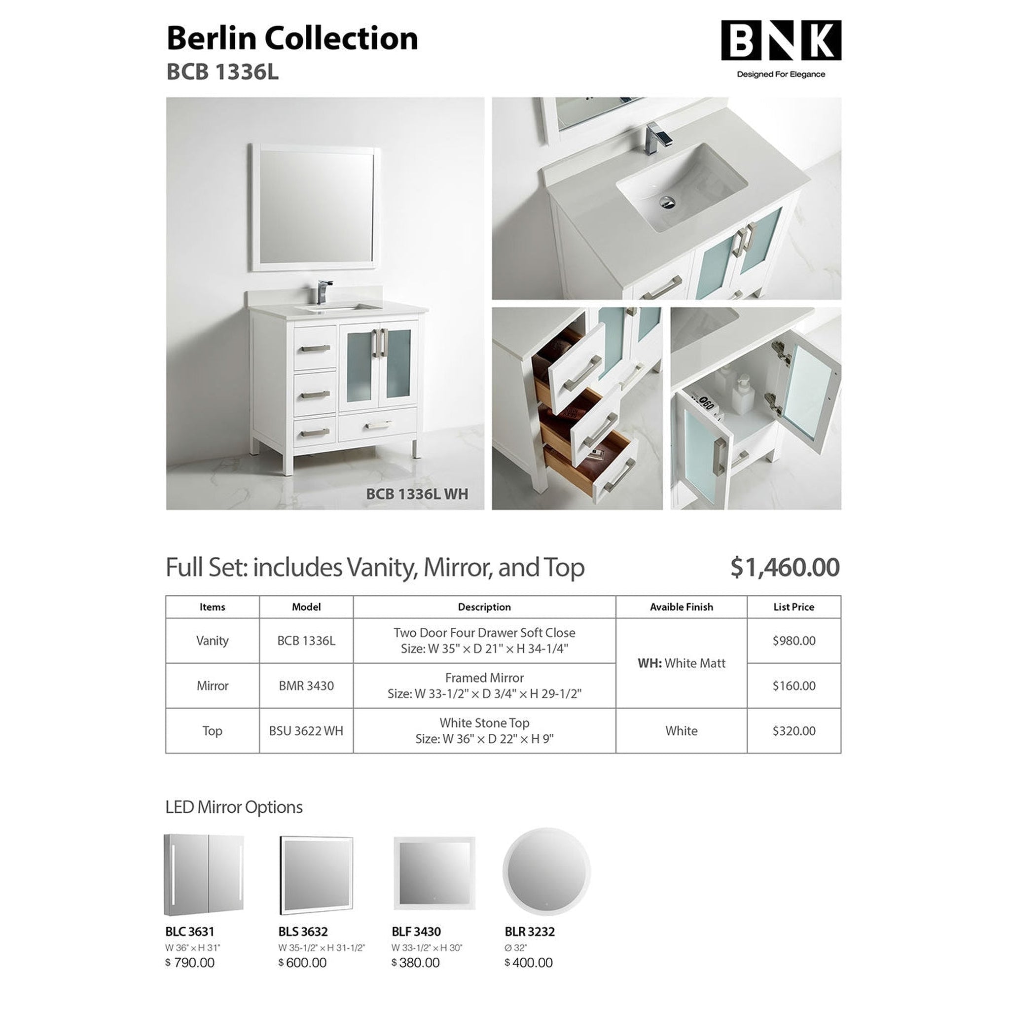 US Bath Store, BNK BCB1336L Berlin Vanity Only Two-Door Three Left Drawer Soft Close