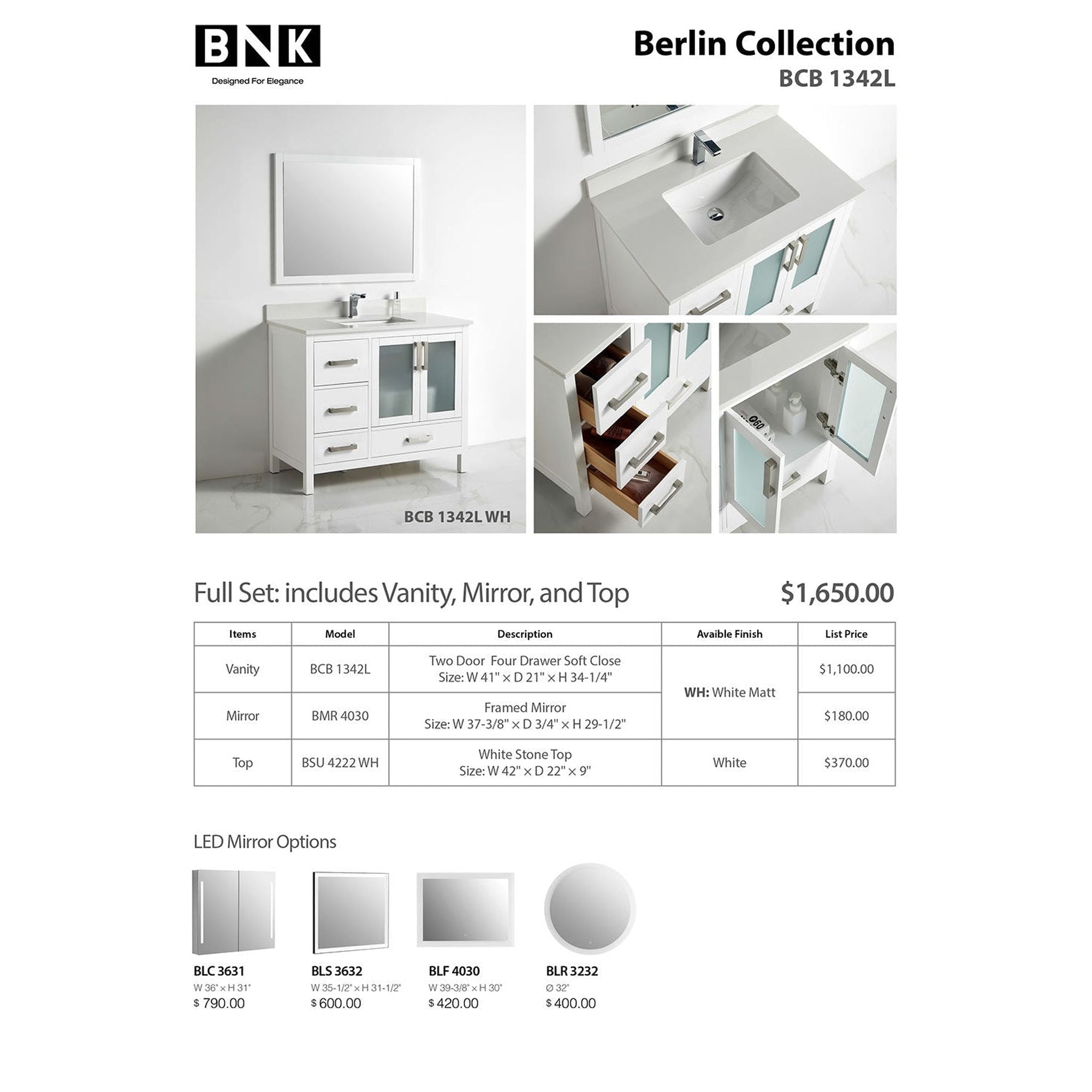 US Bath Store, BNK BCB1342L Berlin Vanity Only Two-Door Three Left Drawer Soft Close