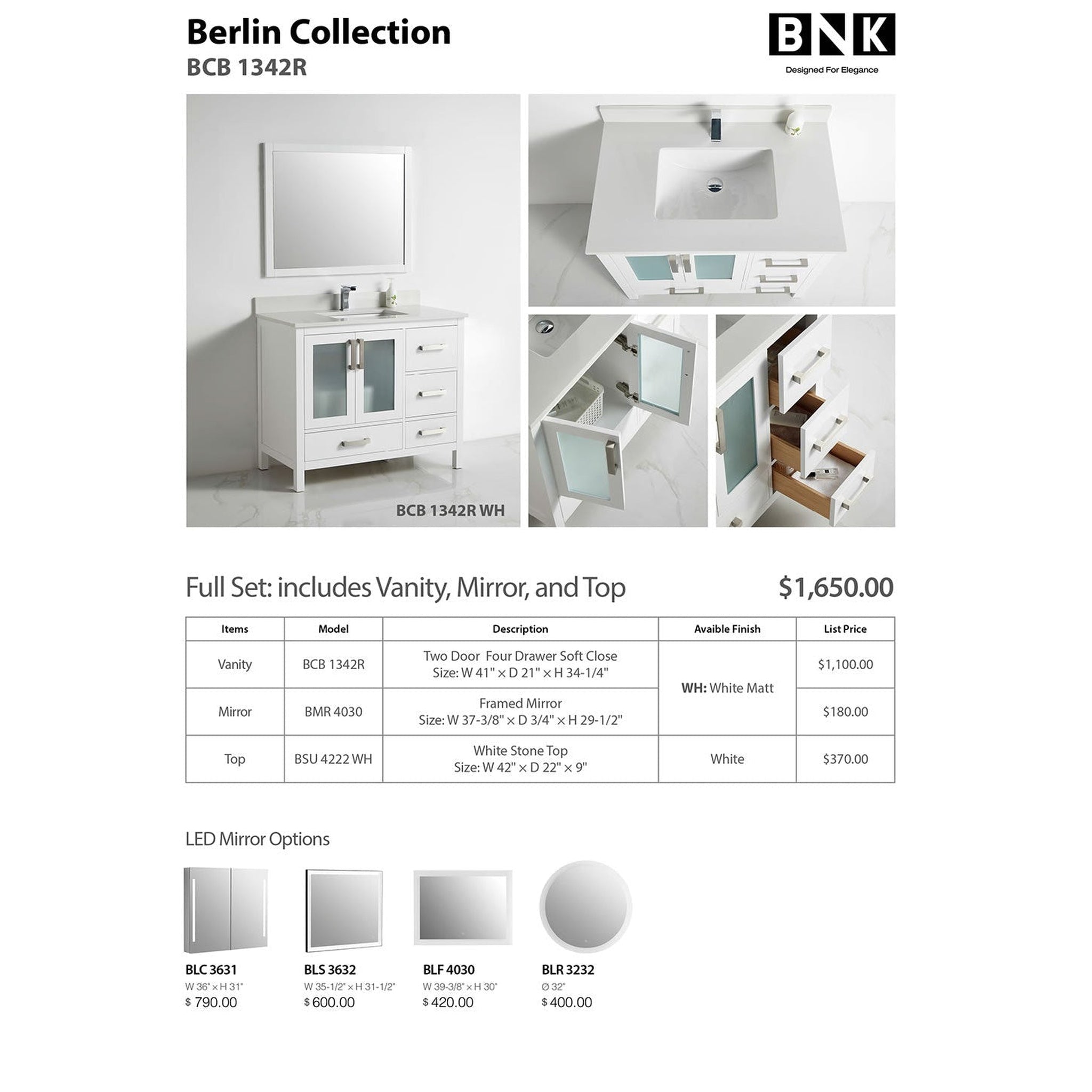 US Bath Store, BNK BCB1342R Berlin Vanity Only Two-Door Three Right Drawer Soft Close