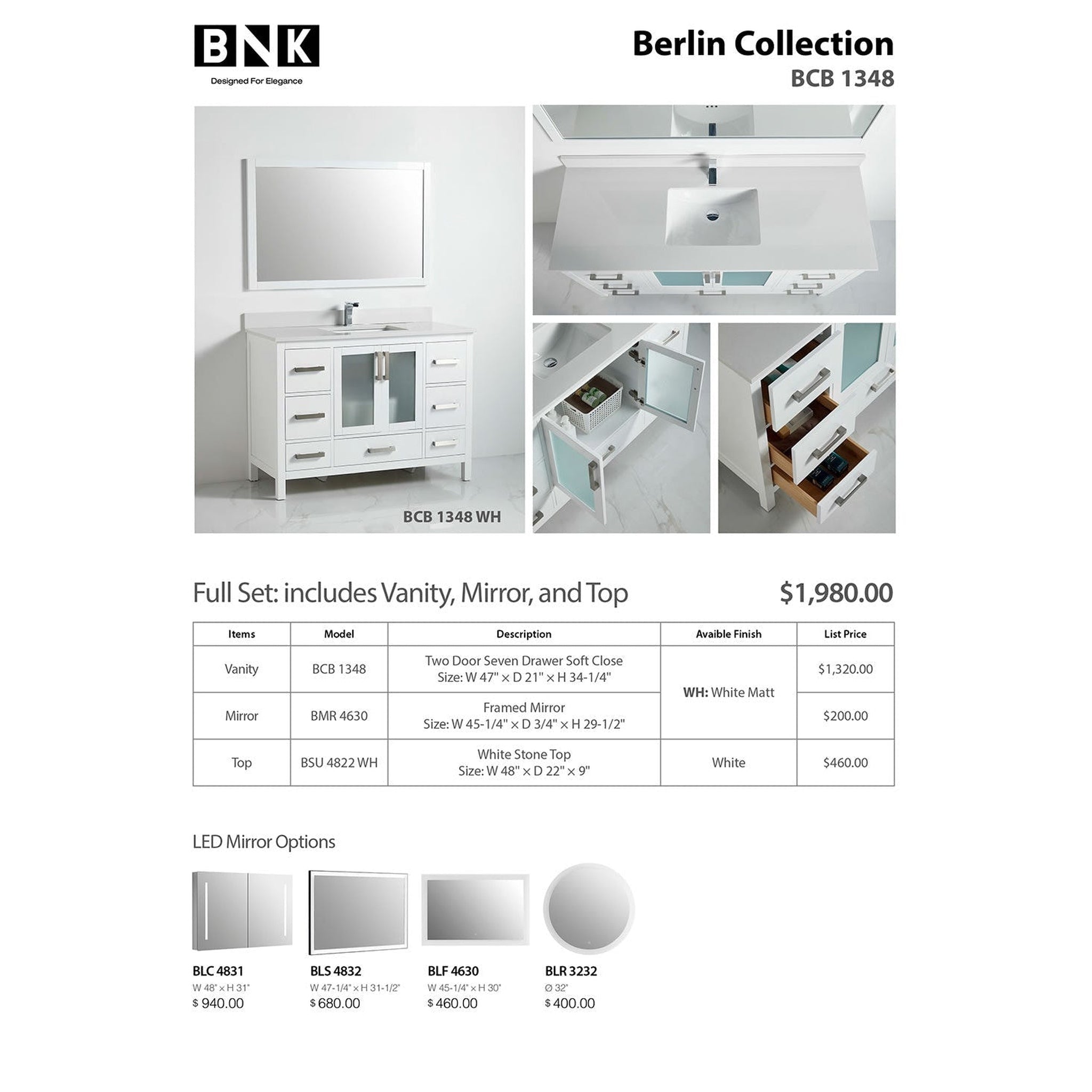 US Bath Store, BNK BCB1348 Berlin Vanity Only Two-Door Seven Drawer Soft Close