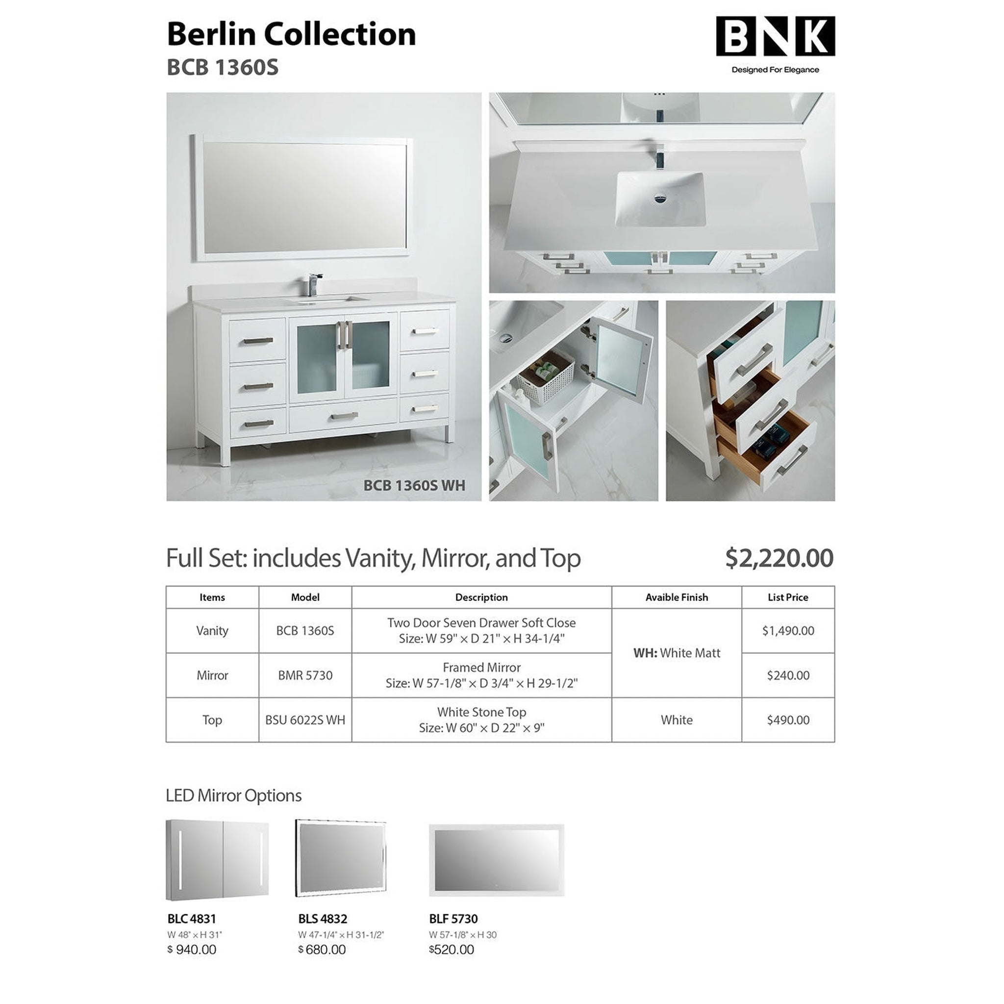 US Bath Store, BNK BCB1360S Berlin Vanity With Single Sink Only Two-Door Seven Drawer Soft Close