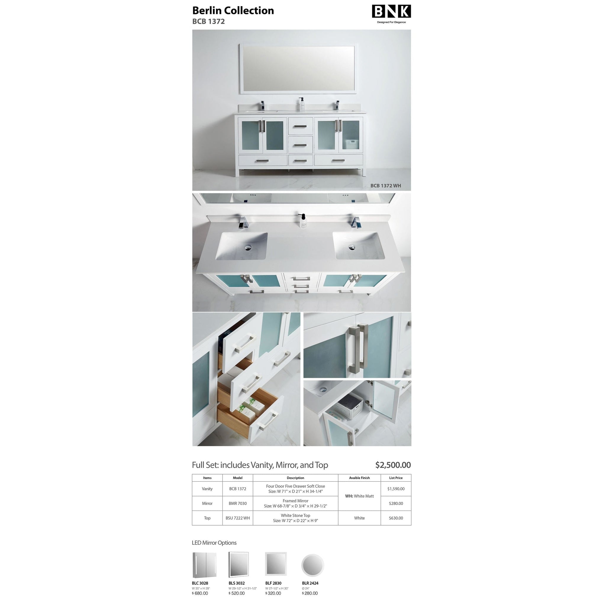 US Bath Store, BNK BCB1372 Berlin Vanity With Double-Sink Only Four-Door Five Drawer Soft Close