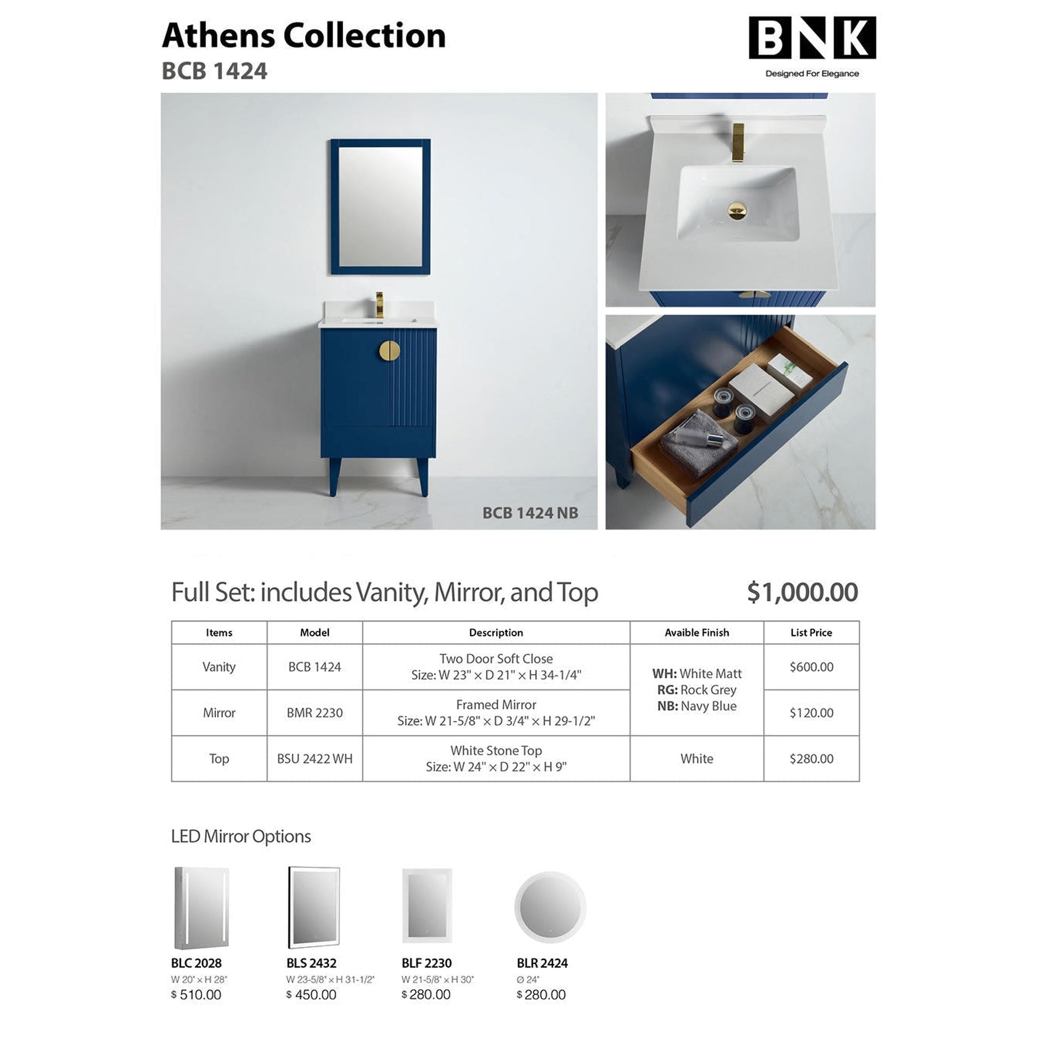 US Bath Store, BNK BCB1424NB Athens Navy Blue Vanity Only Two Glass Door One Drawer Soft Close