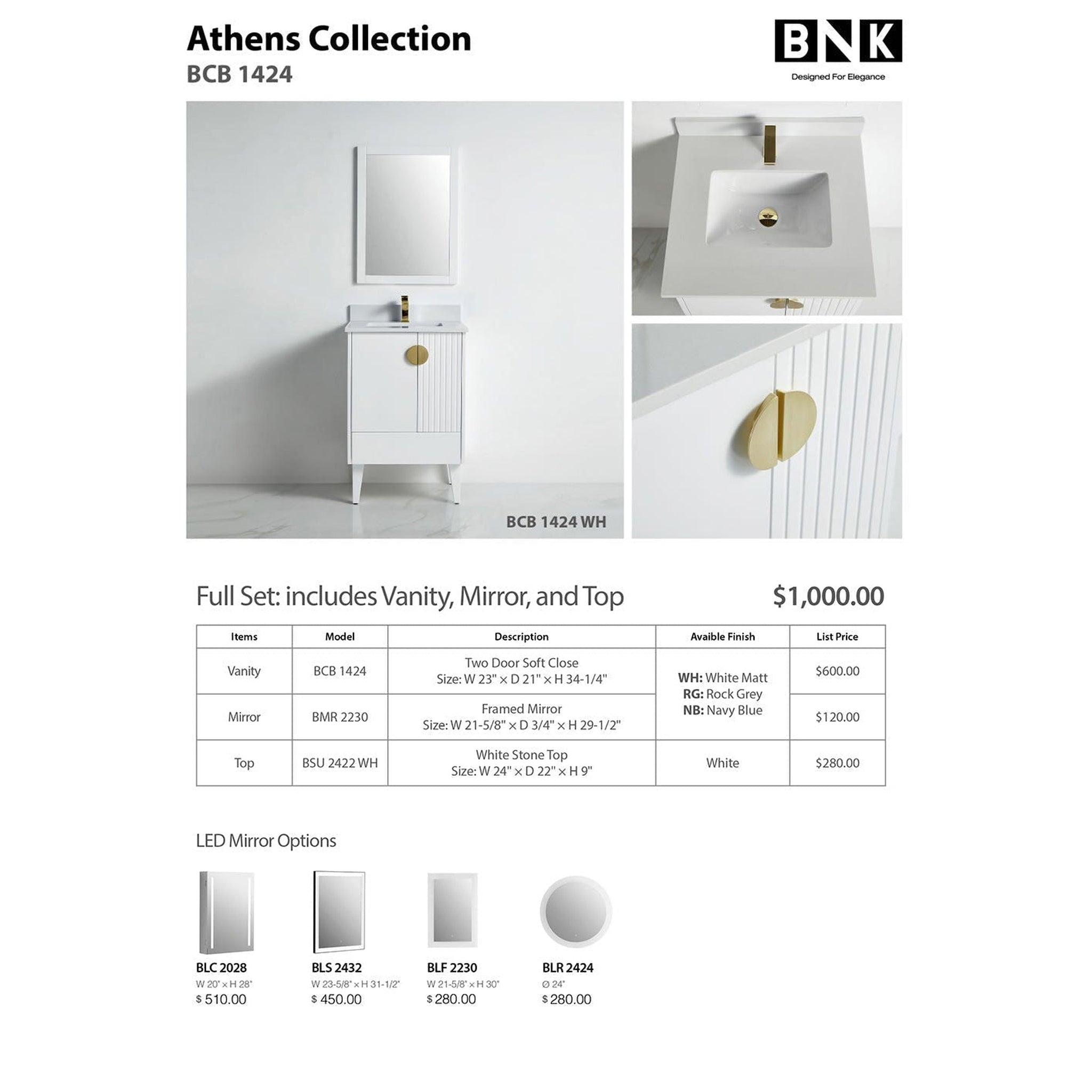 US Bath Store, BNK BCB1424WH Athens Matt White Vanity Only Two Glass Door One Drawer Soft Close