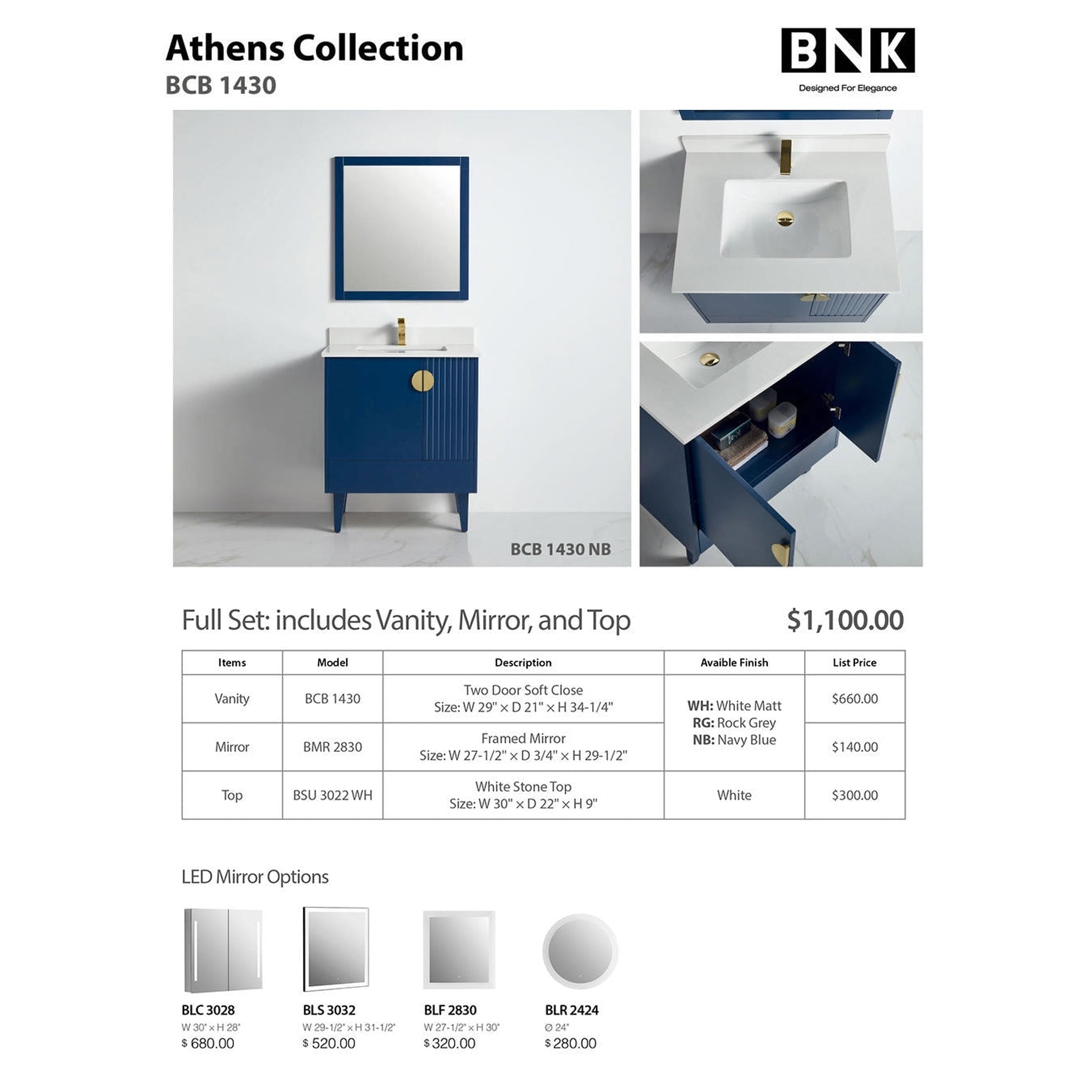 US Bath Store, BNK BCB1430NB Athens Navy Blue Vanity Only Two Glass Door One Drawer Soft Close