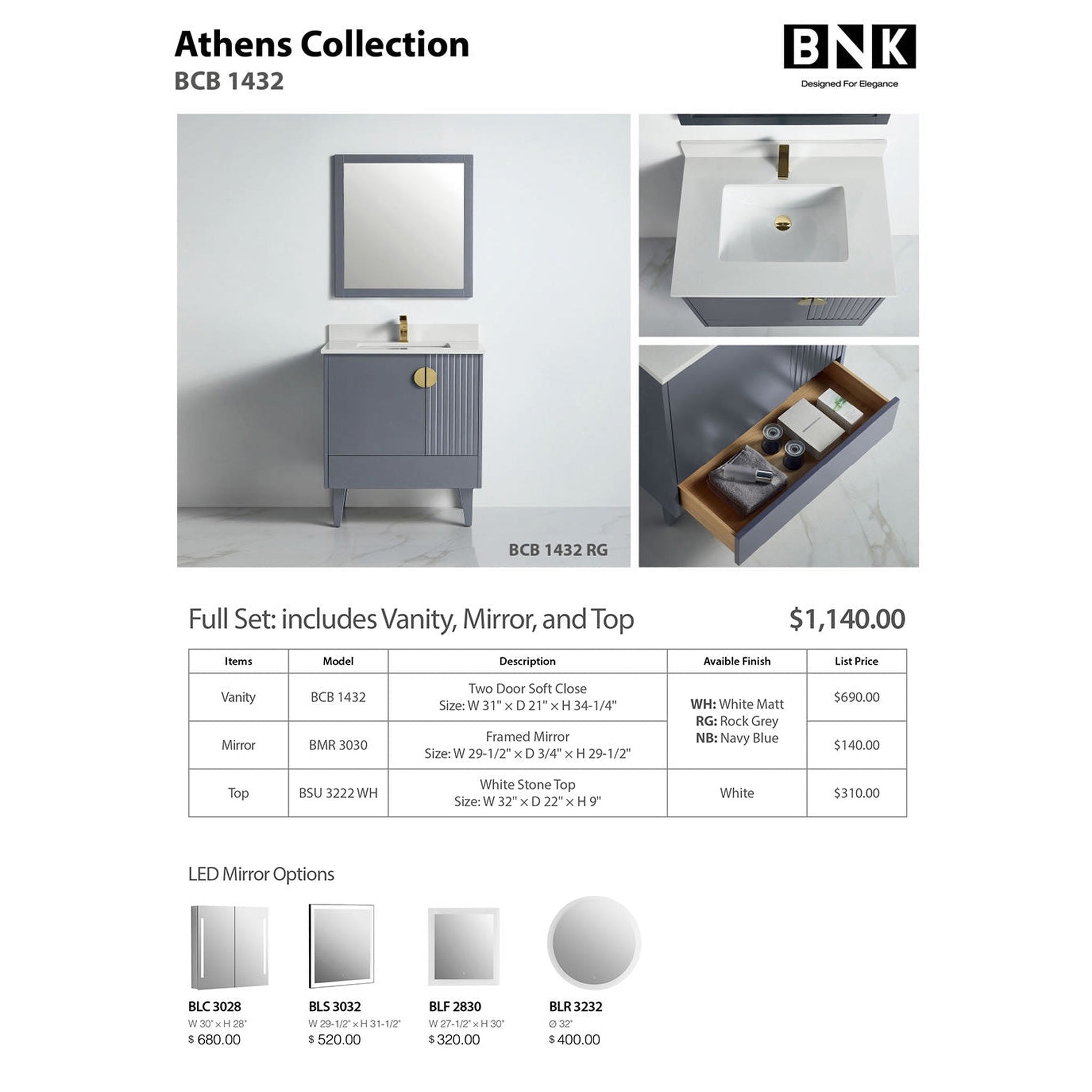 US Bath Store, BNK BCB1432RG Athens Rock Grey Vanity Only Two Glass Door One Drawer Soft Close